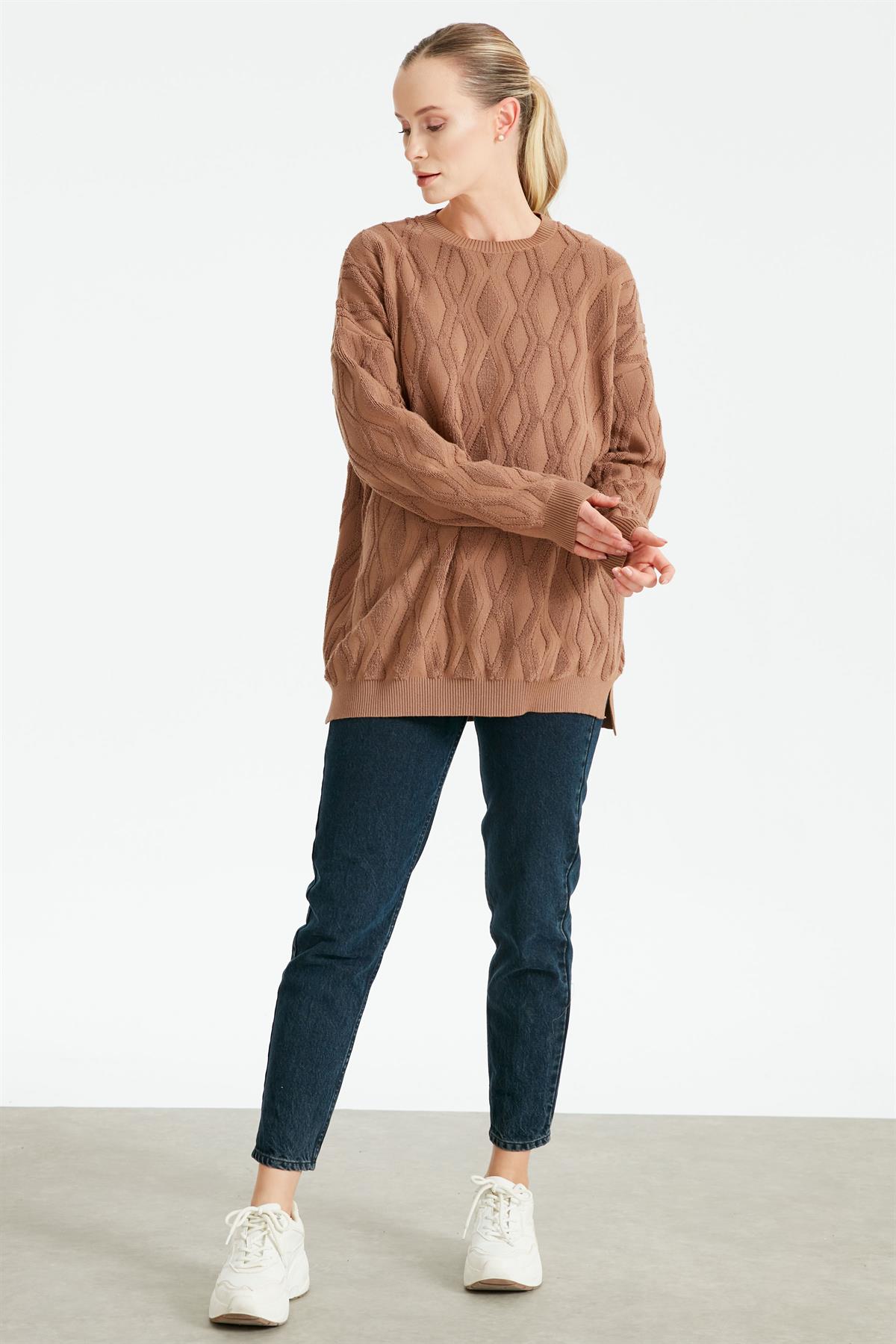 Kapartma Desenli Triko Tunik CAMEL