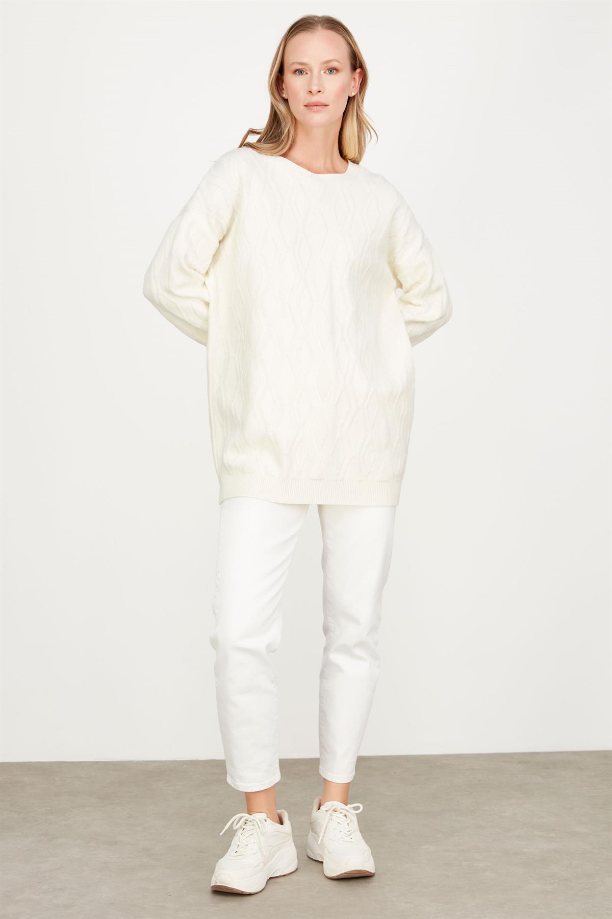 Kapartma Desenli Triko Tunik EKRU