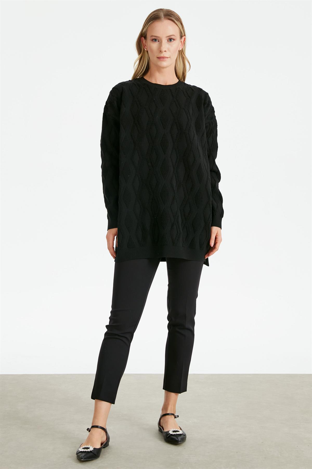 Kapartma Desenli Triko Tunik SİYAH