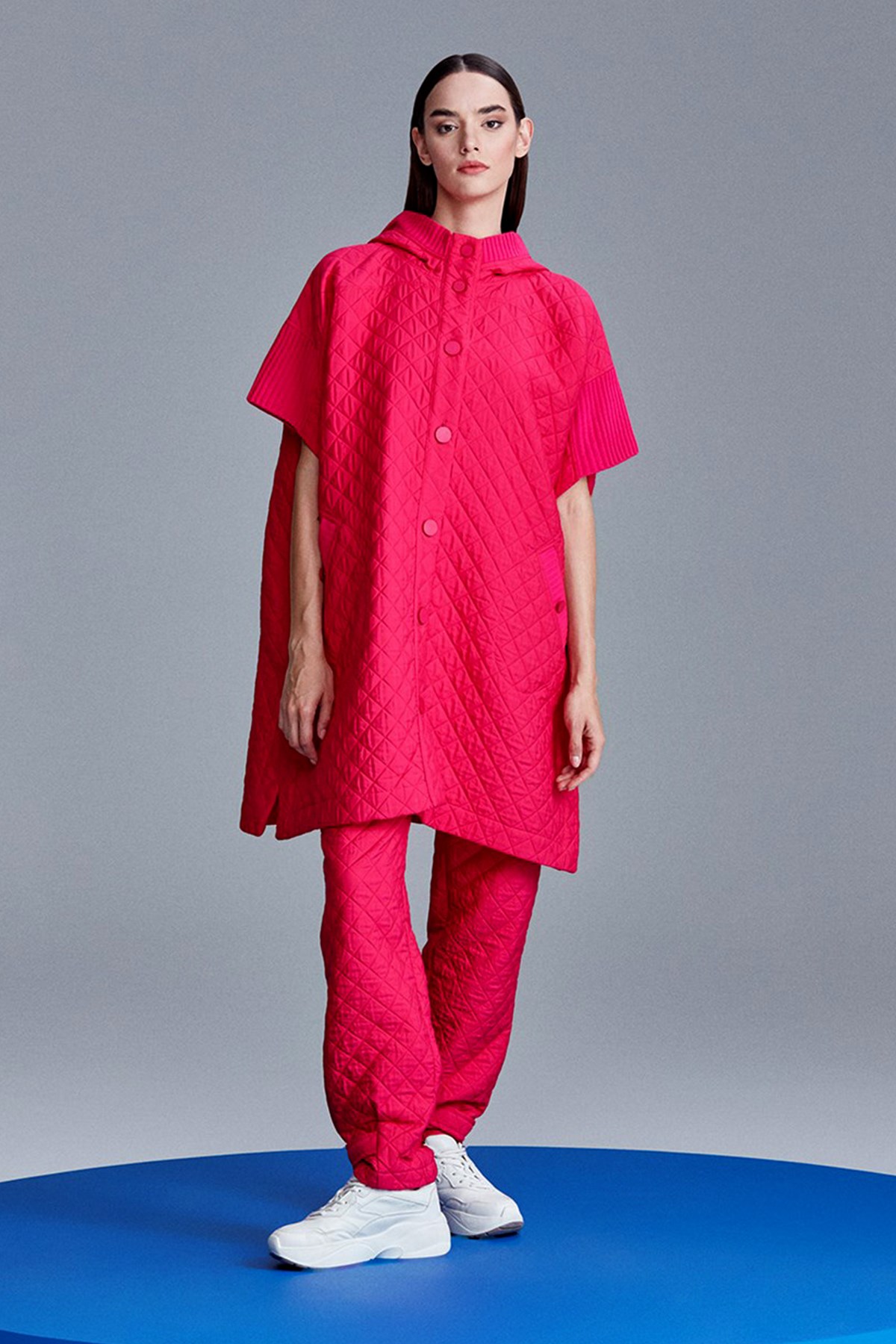 Kapüşonlu Kapitone Triko Desenli Panço FUŞYA