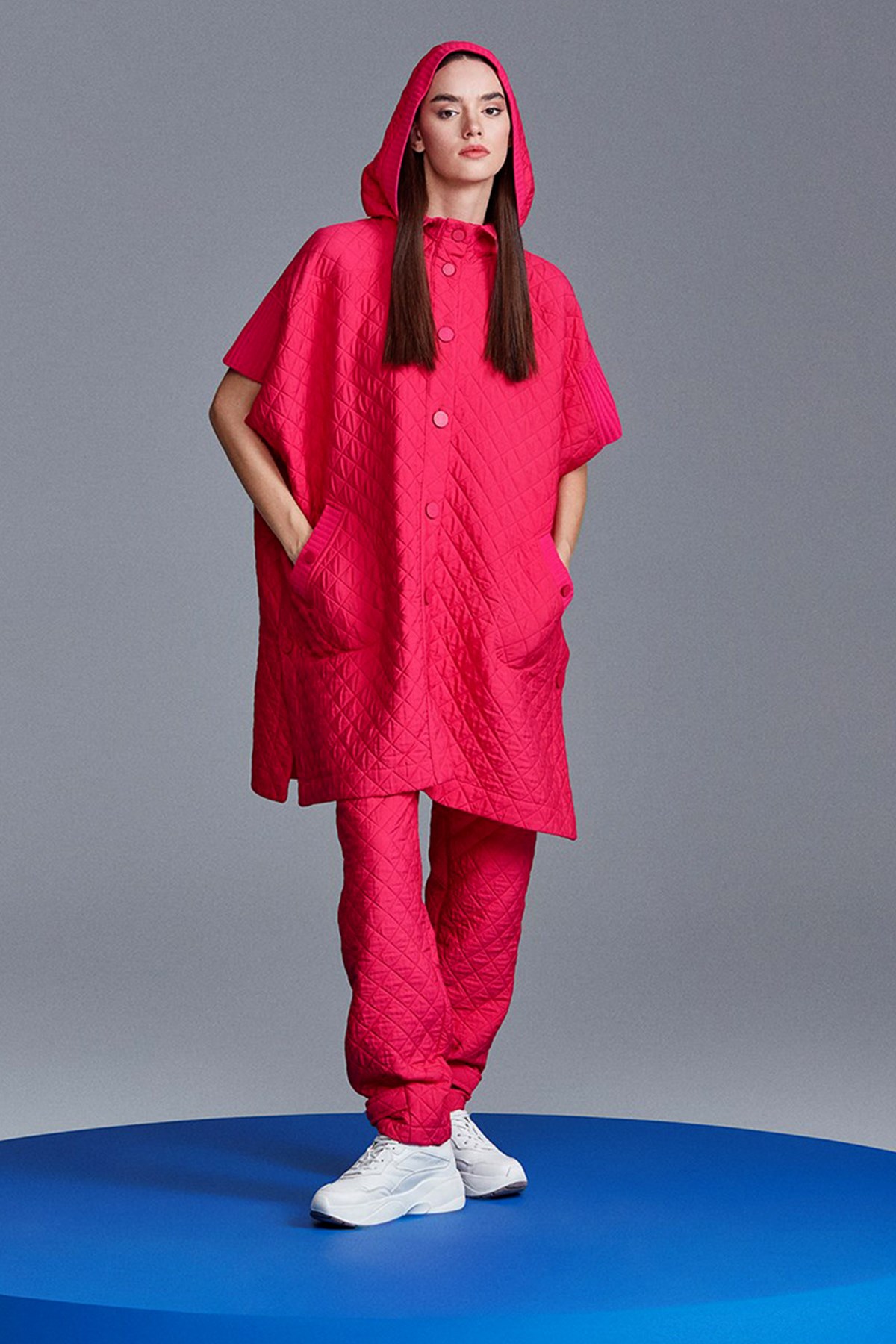 Kapüşonlu Kapitone Triko Desenli Panço FUŞYA