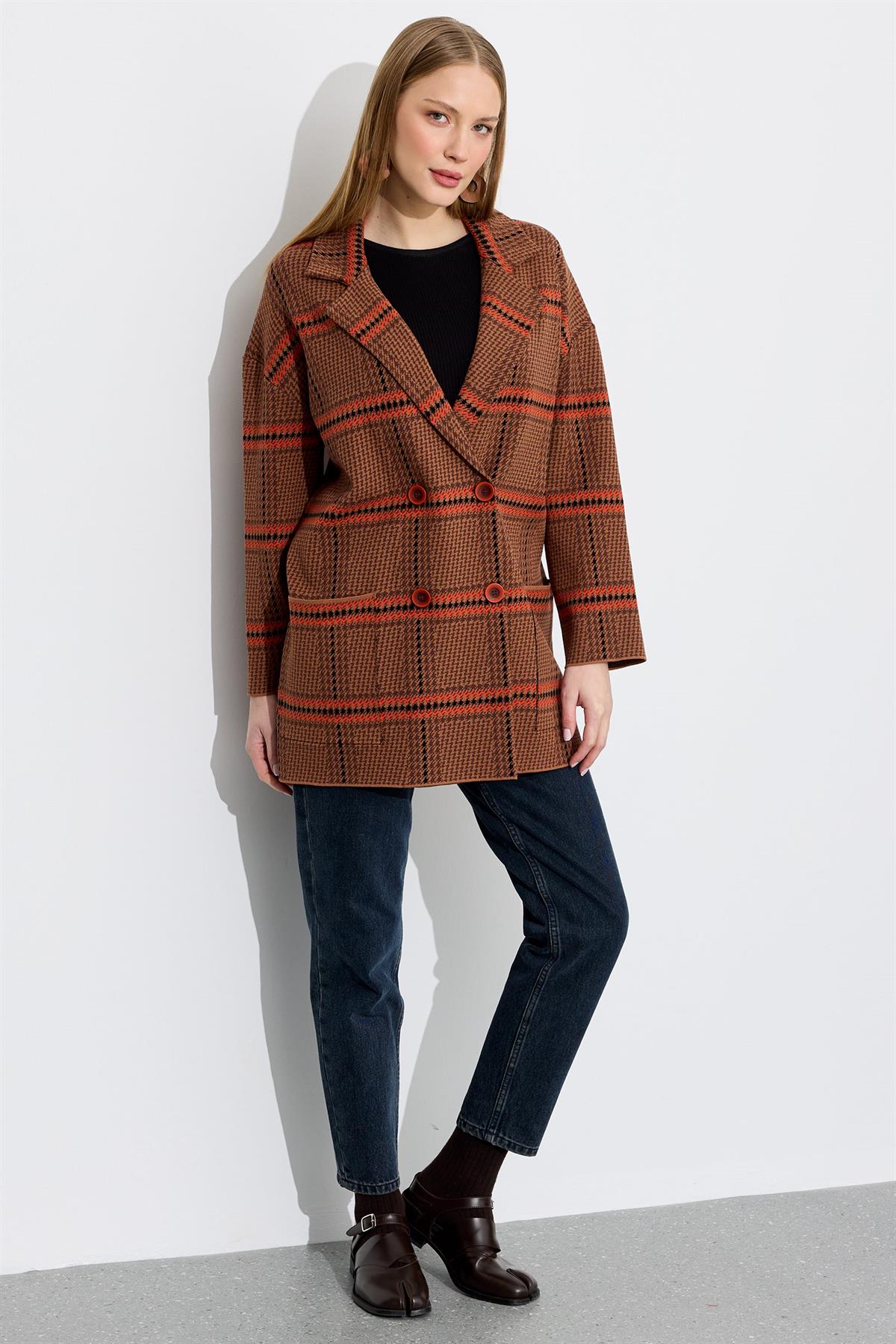 Kazayağı Desenli Blazer Hırka CAMEL