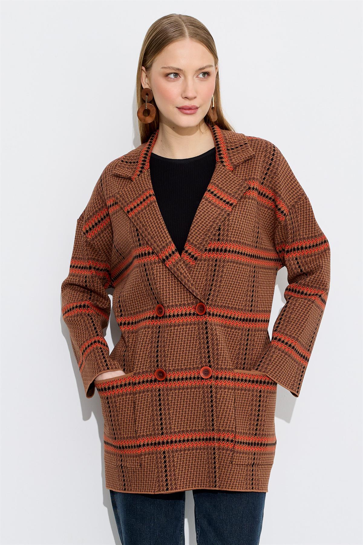 Kazayağı Desenli Blazer Hırka CAMEL