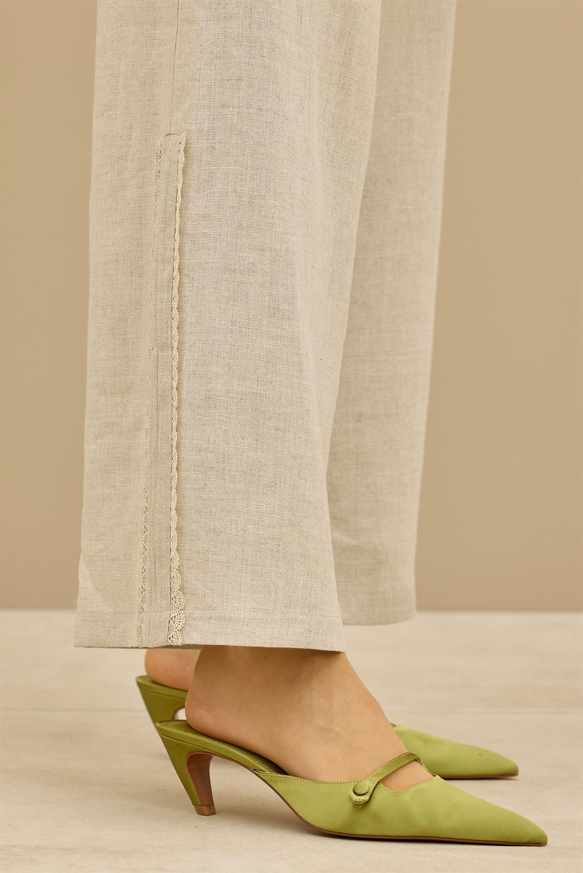 Keten Tunik Pantolon Güpürlü Takım BEJ