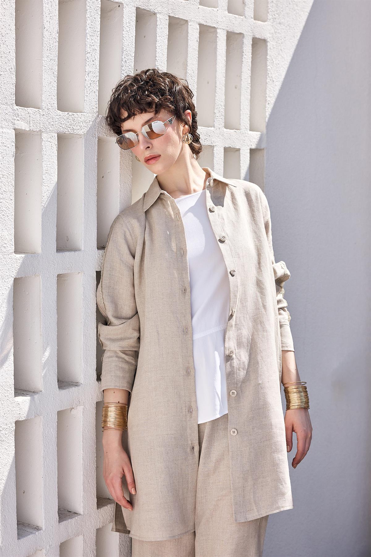 Keten Tunik Pantolon Güpürlü Takım BEJ