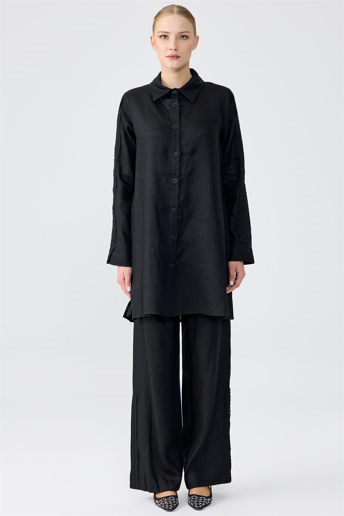 Keten Tunik Pantolon Güpürlü Takım SİYAH