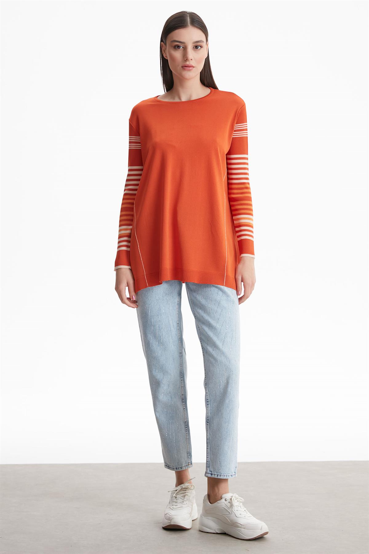 KOLLARI ÇİZGİLİ BASİC RAYON TRİKO TUNİK KİREMİT