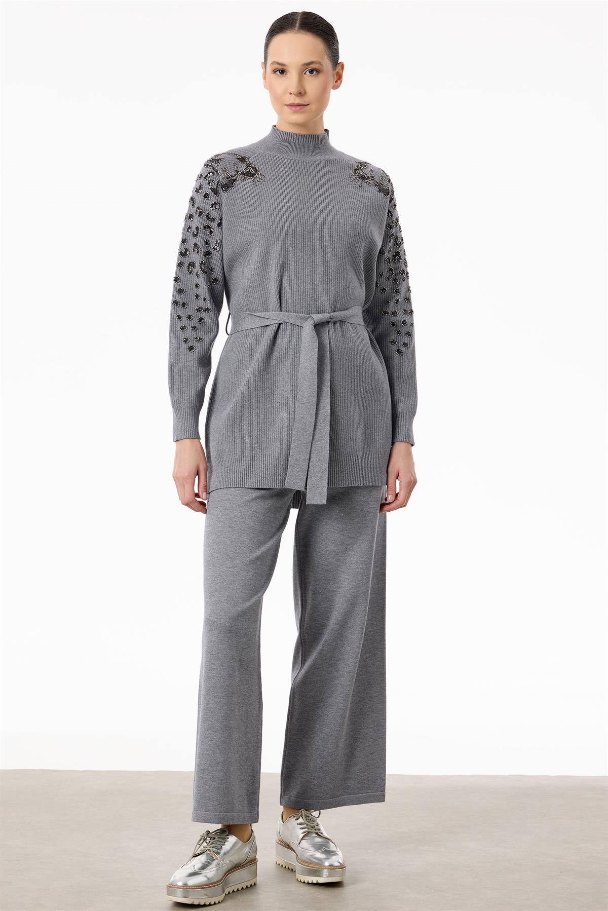 Kolları Leopar Payetli Fitilli Triko Takım GRİ