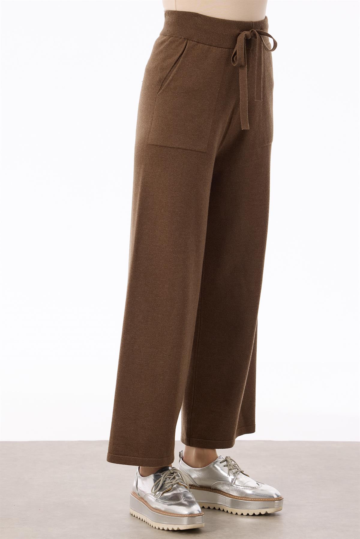 Kolları Leopar Payetli Fitilli Triko Takım KAHVE