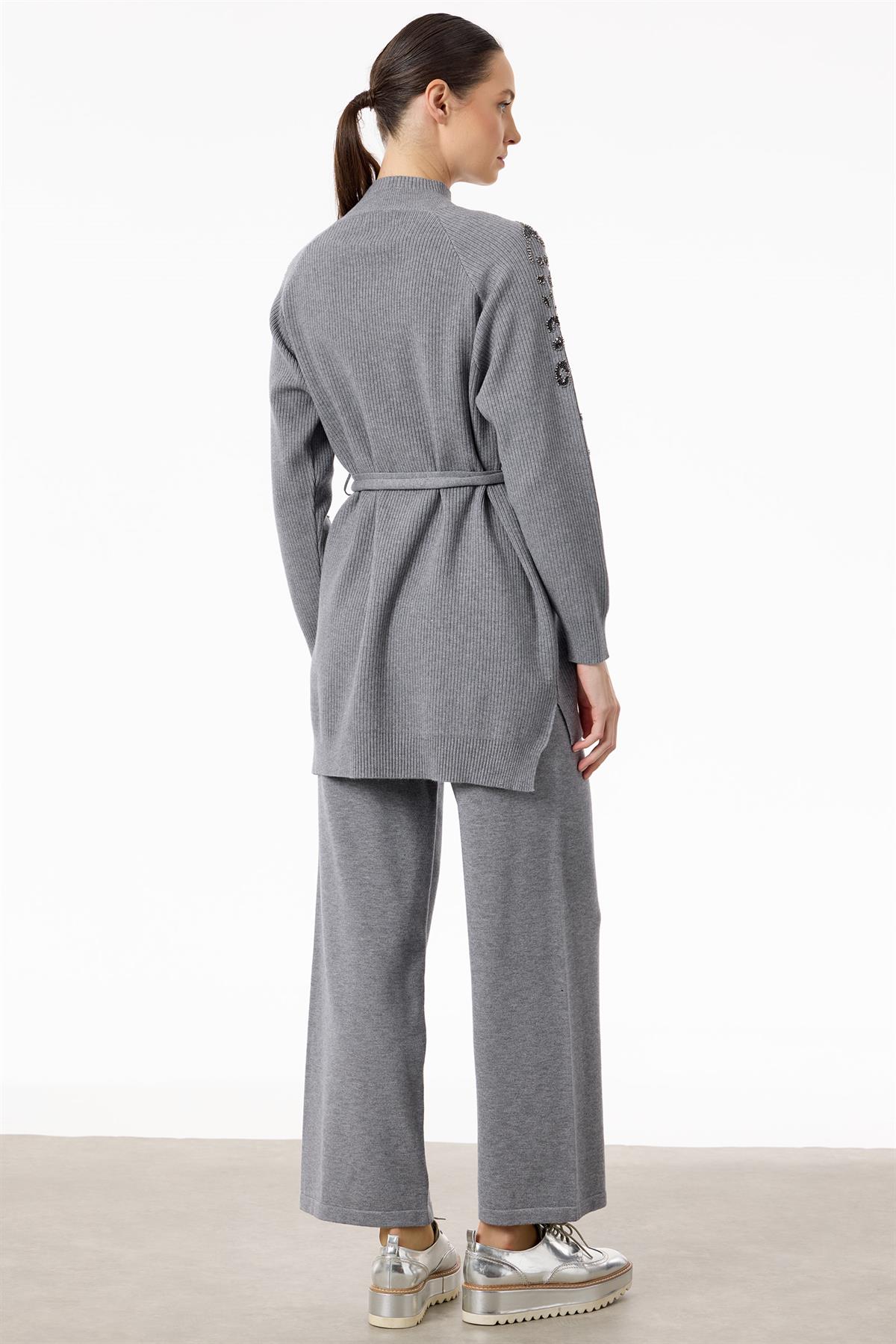 Kolları Leopar Payetli Fitilli Triko Takım GRİ