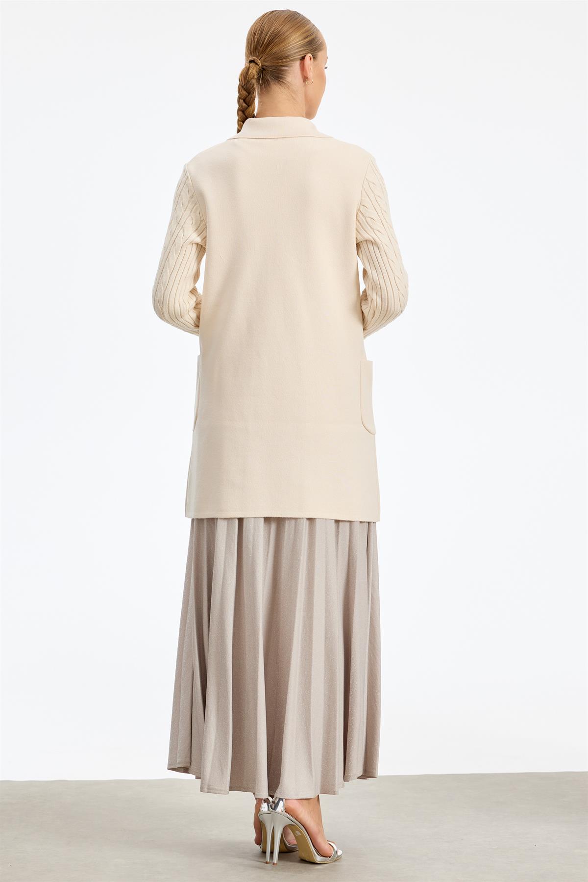 Kolları Saç Örgülü Triko Blazer Ceket VANİLYA