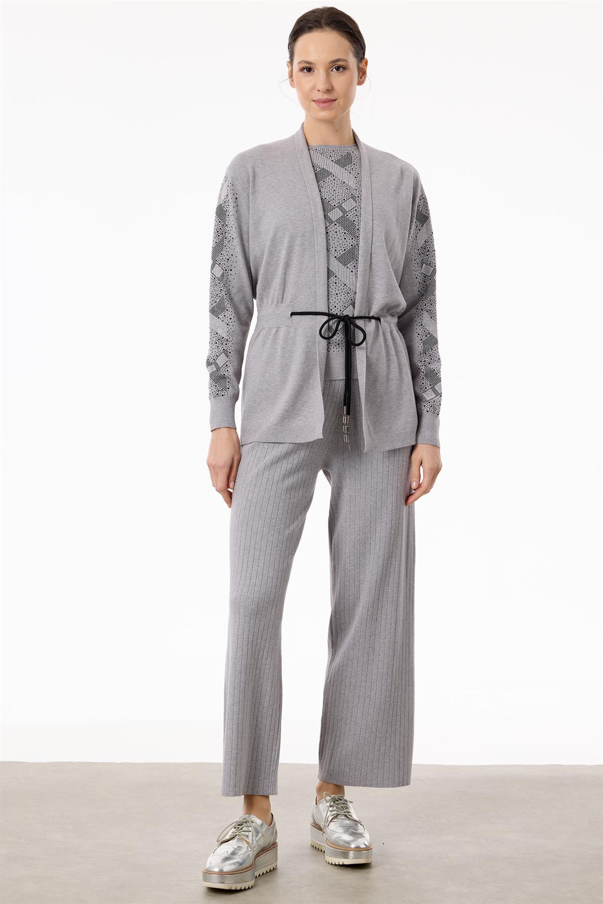 Kolları Taşlı 3lü Triko Takım GRİ