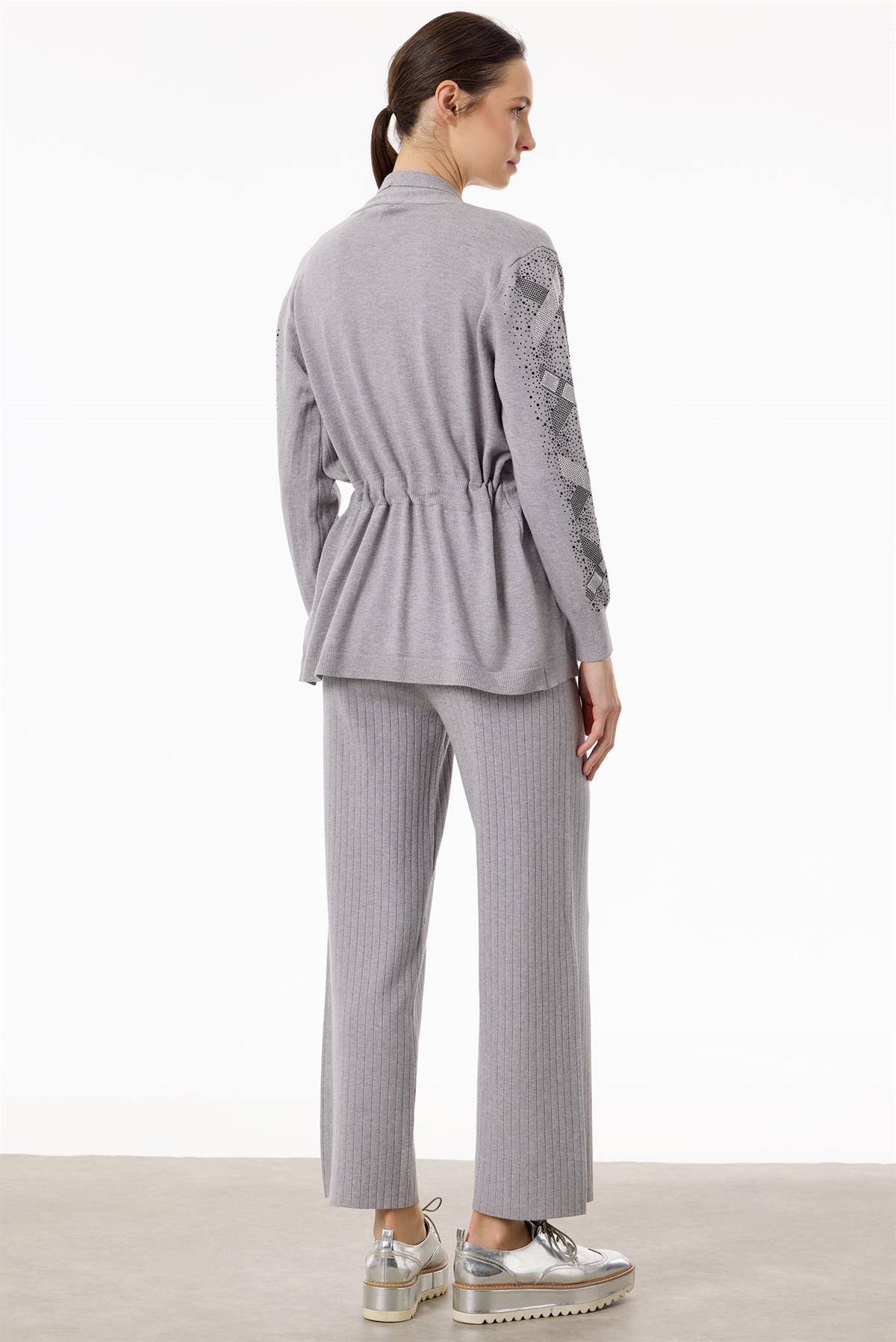 Kolları Taşlı 3lü Triko Takım GRİ