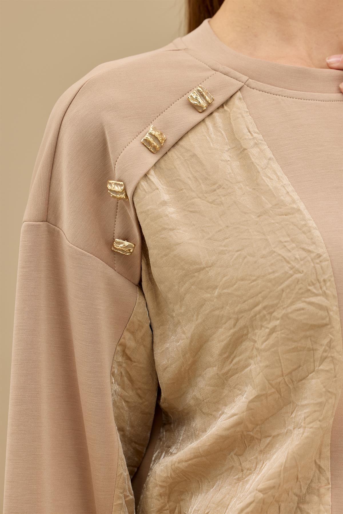 Kraş Mixli Düğme Detaylı Pantolonlu Takım CAMEL