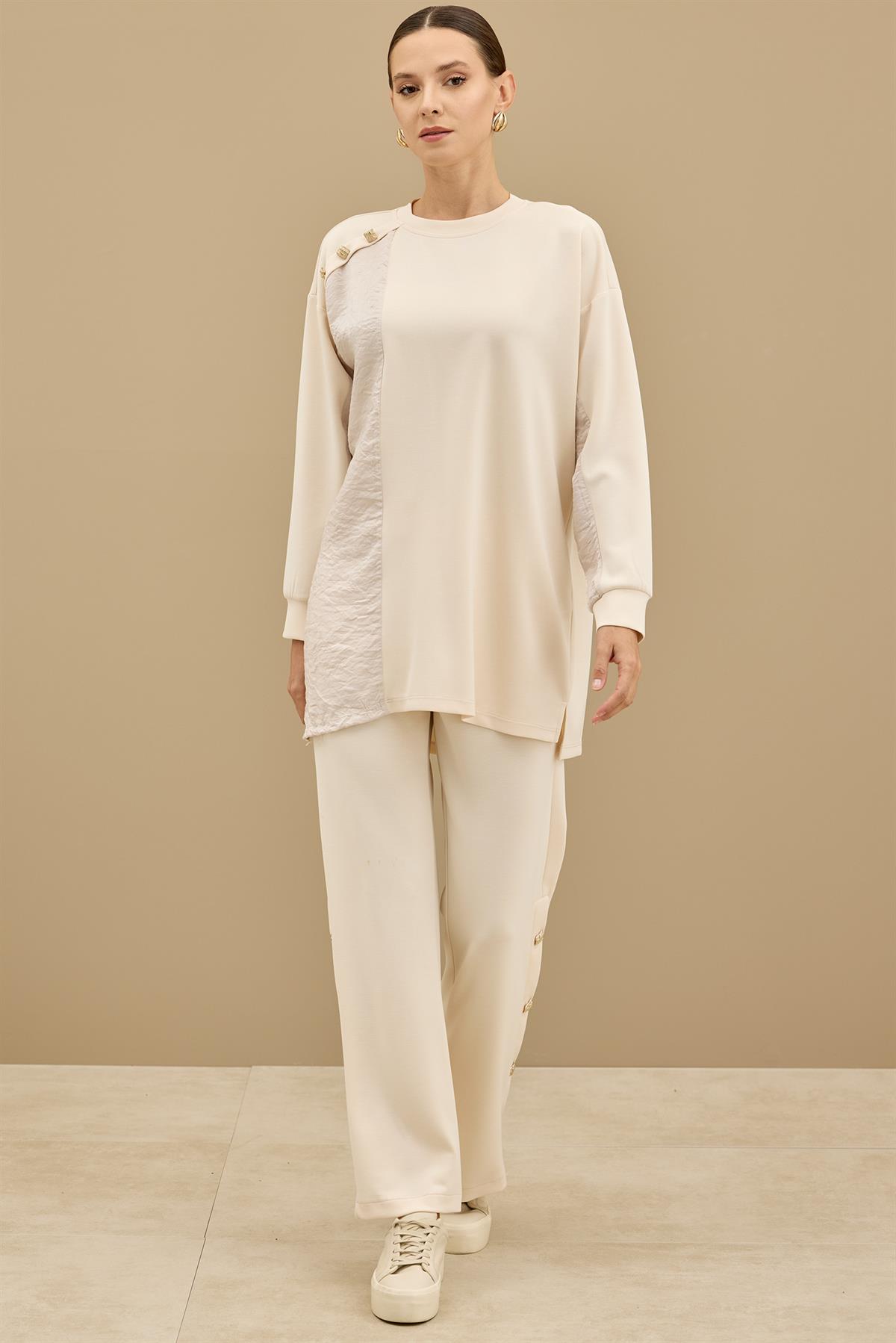 Kraş Mixli Düğme Detaylı Pantolonlu Takım BEJ