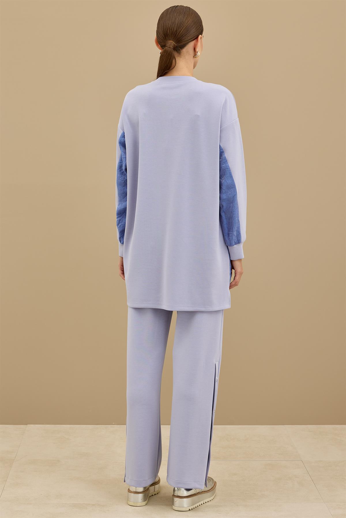 Kraş Mixli Düğme Detaylı Pantolonlu Takım MAVİ