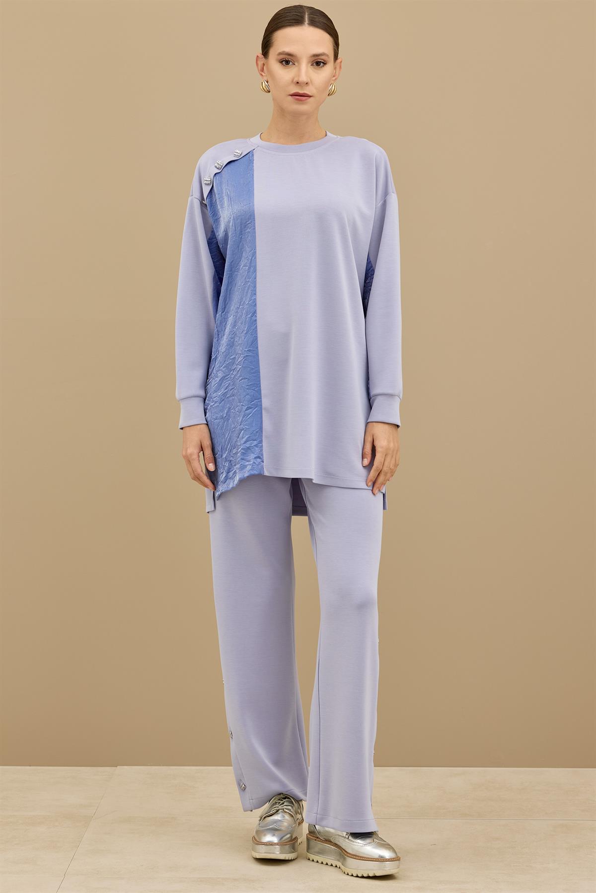 Kraş Mixli Düğme Detaylı Pantolonlu Takım MAVİ