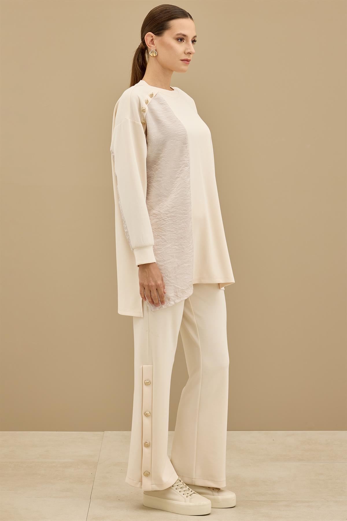 Kraş Mixli Düğme Detaylı Pantolonlu Takım BEJ