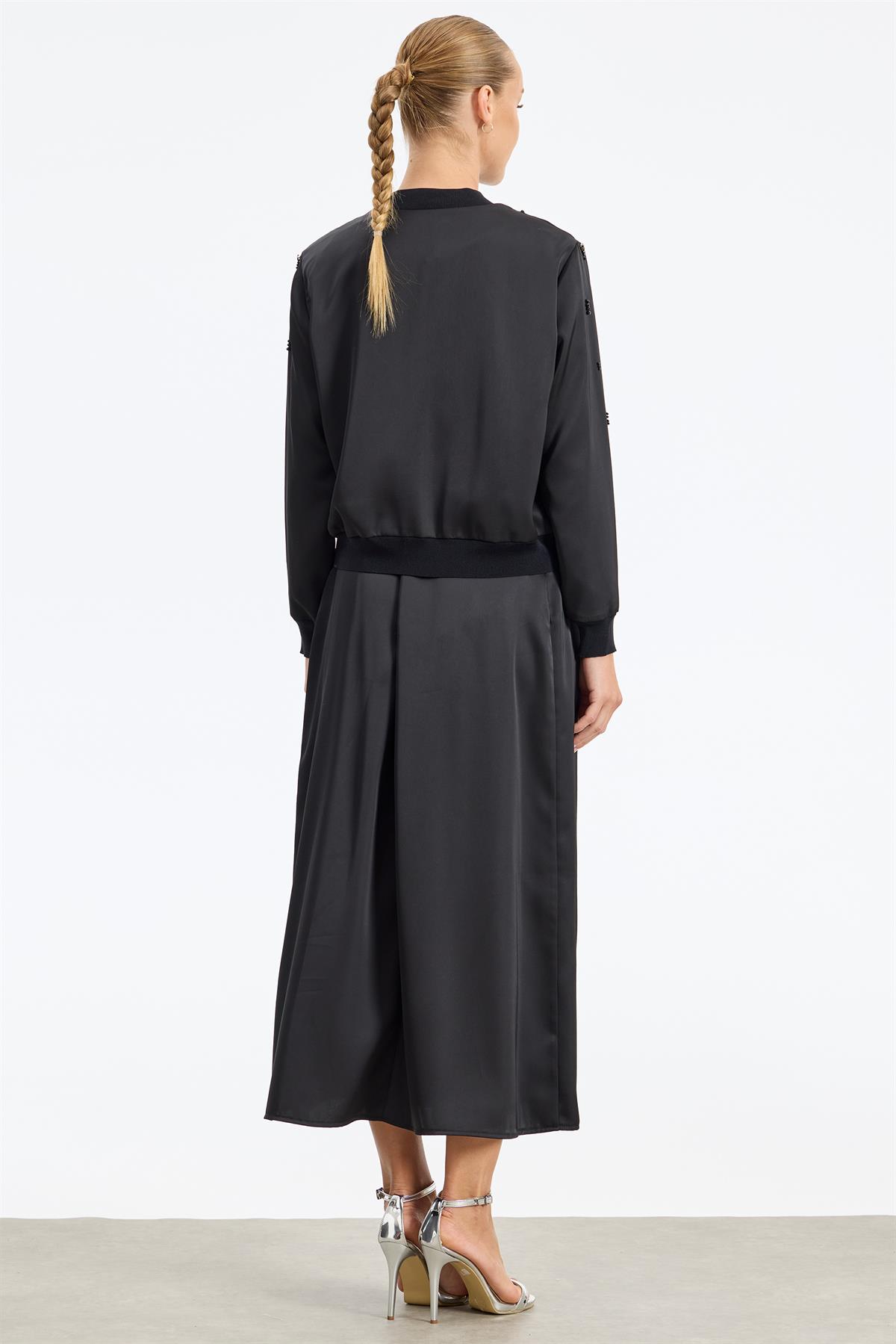 Kristal Boncuk İşlemeli Saten Bomber Etekli Takım SİYAH