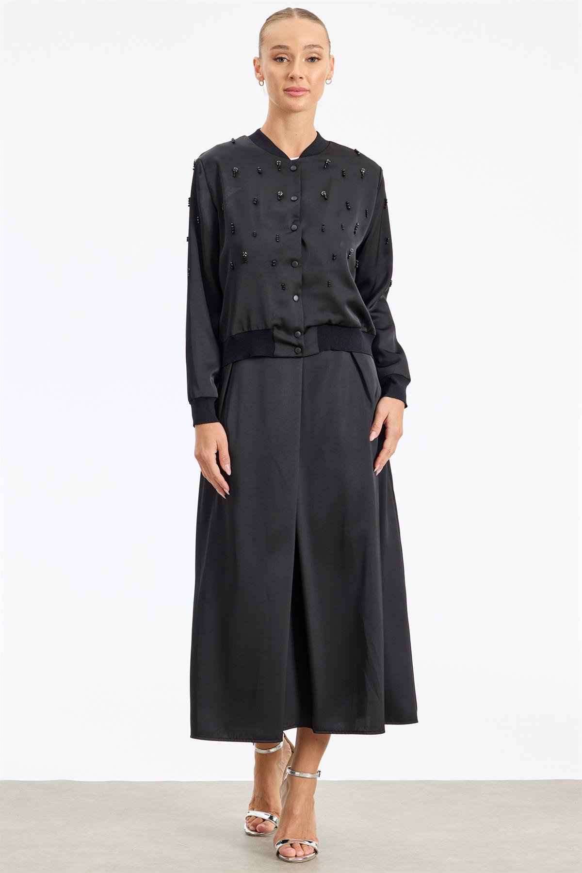 Kristal Boncuk İşlemeli Saten Bomber Etekli Takım SİYAH