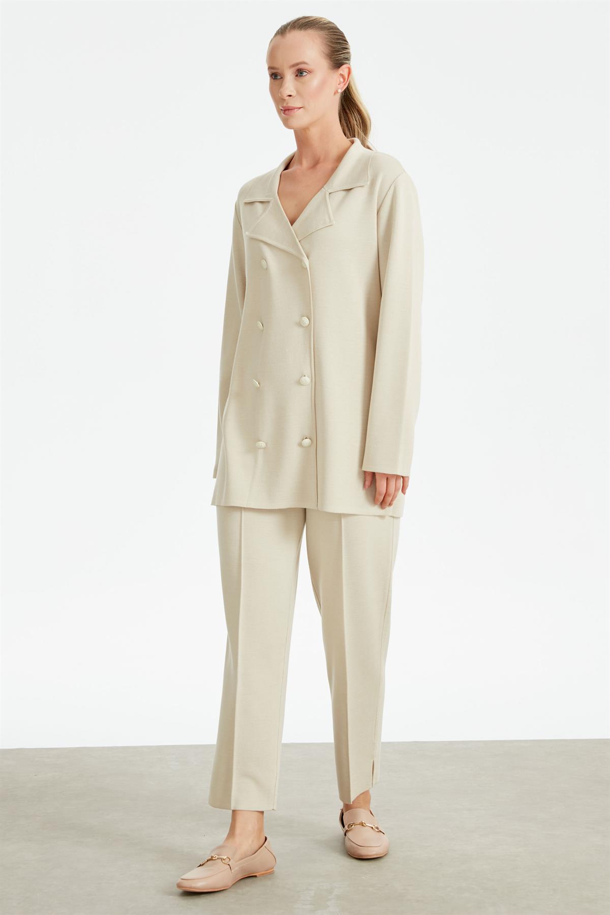 Kruvaze Ceket Pantolon Triko Takım BEJ