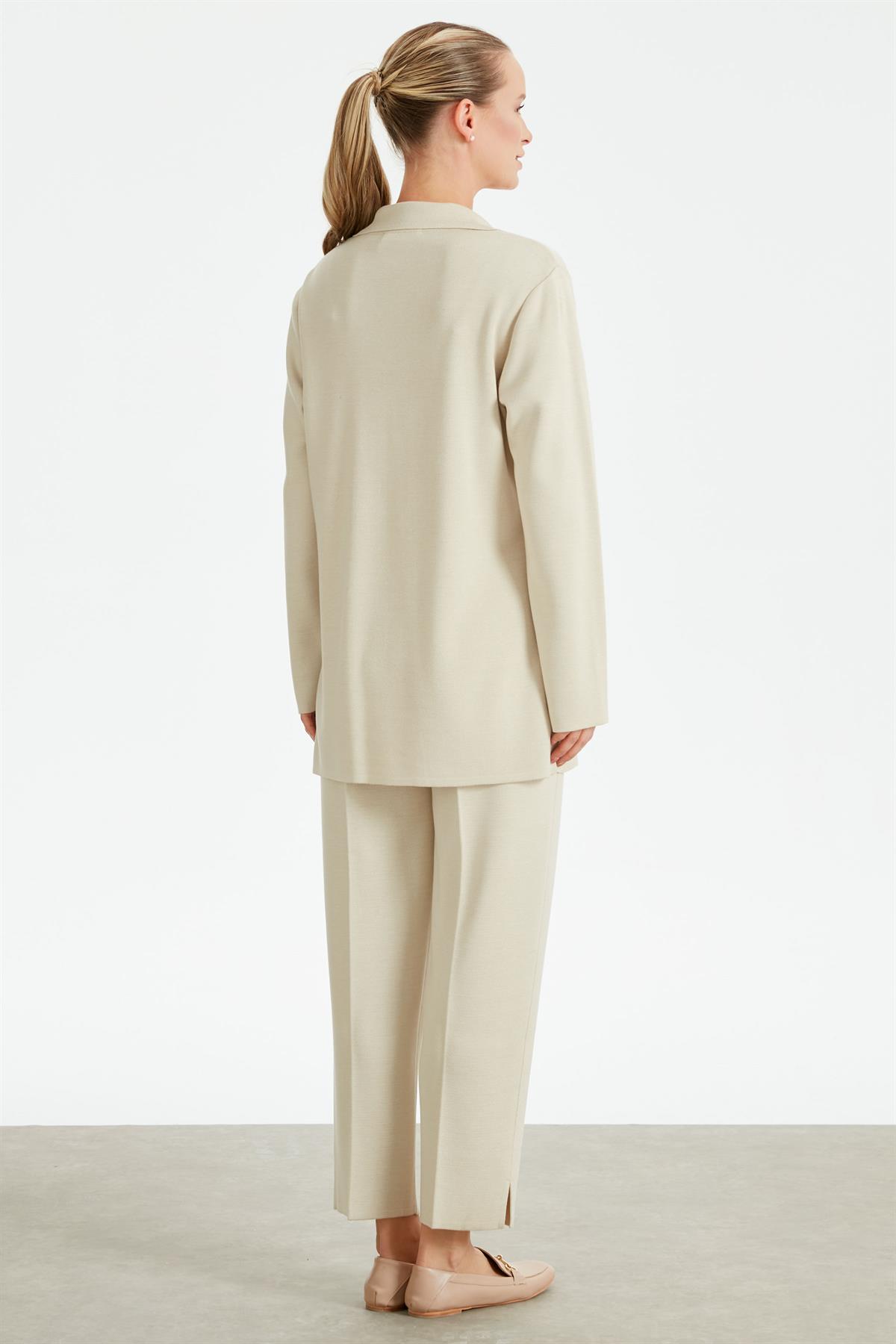 Kruvaze Ceket Pantolon Triko Takım BEJ