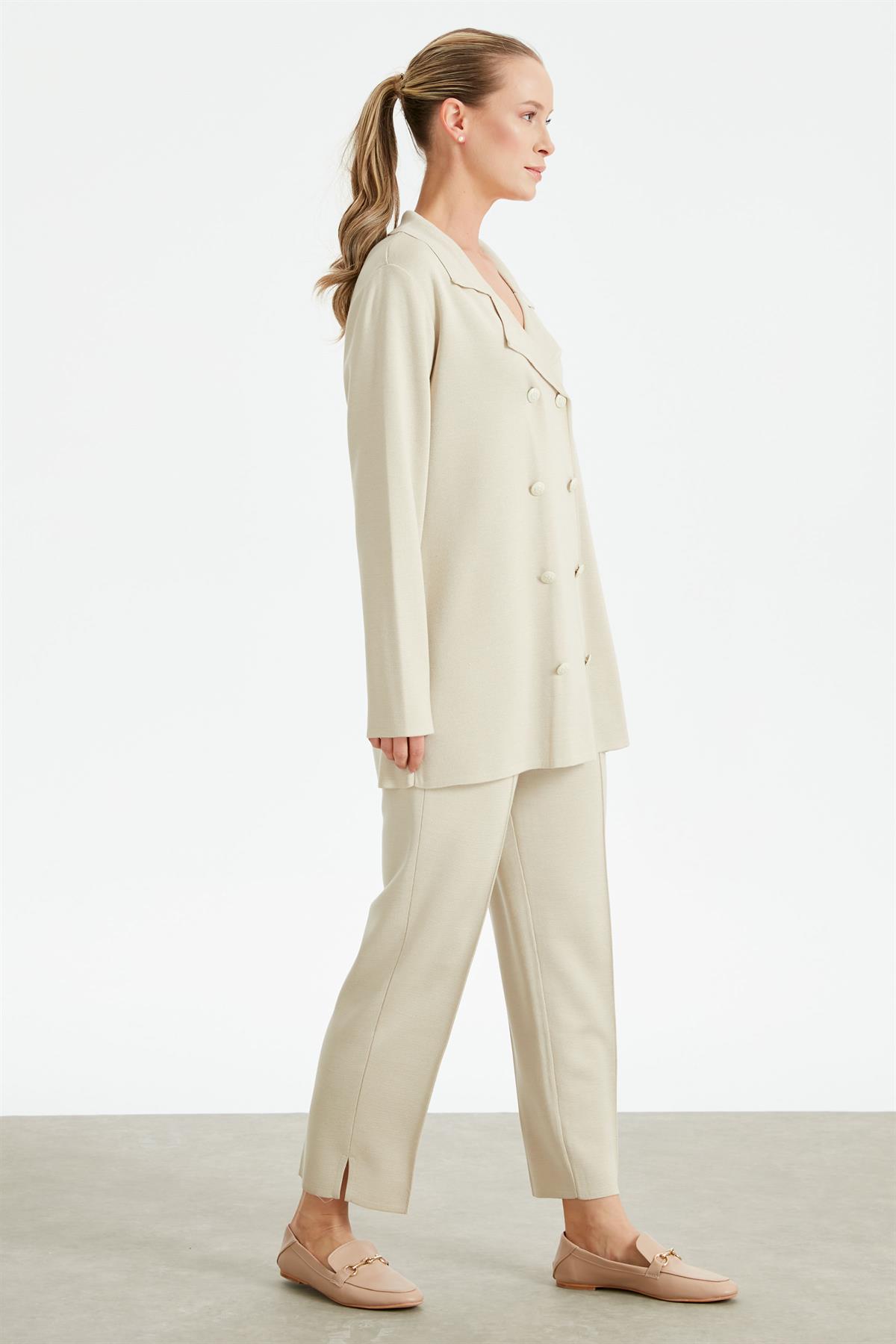 Kruvaze Ceket Pantolon Triko Takım BEJ