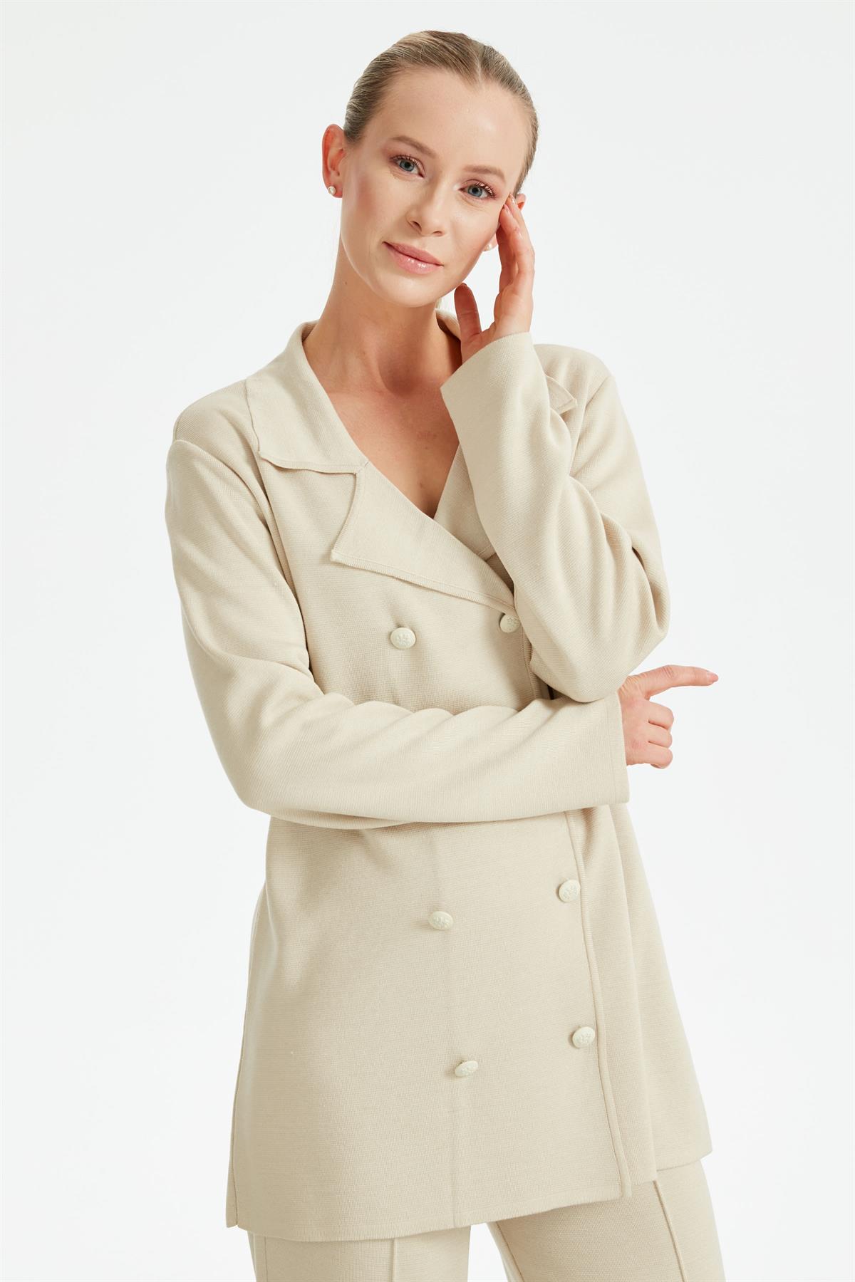 Kruvaze Ceket Pantolon Triko Takım BEJ