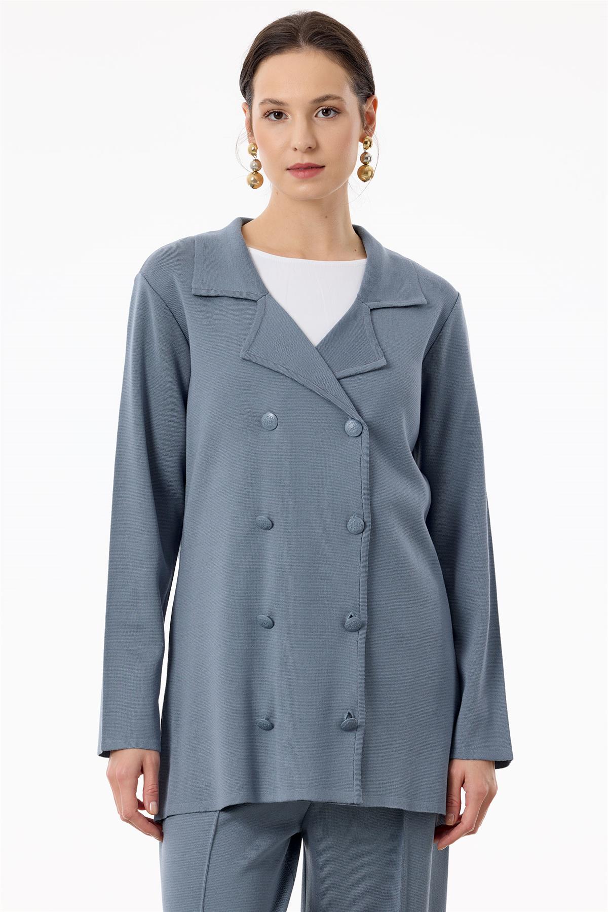 Kruvaze Ceket Pantolon Triko Takım GRİ MAVİ