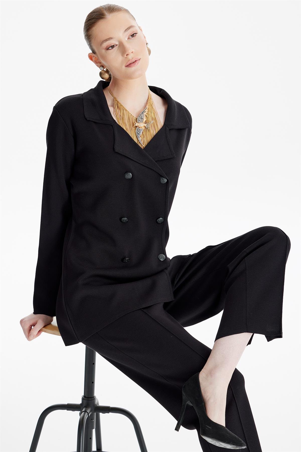 Kruvaze Ceket Pantolon Triko Takım SİYAH