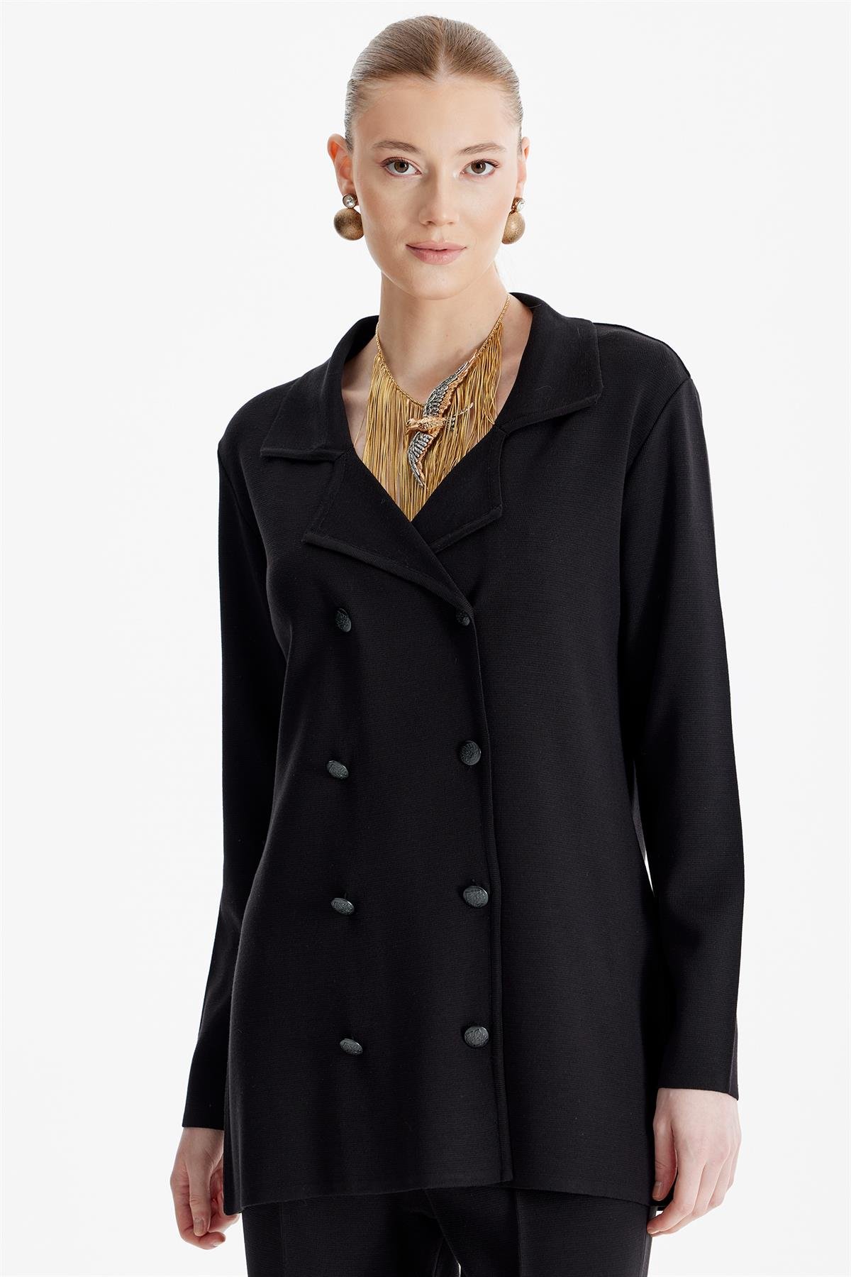 Kruvaze Ceket Pantolon Triko Takım SİYAH