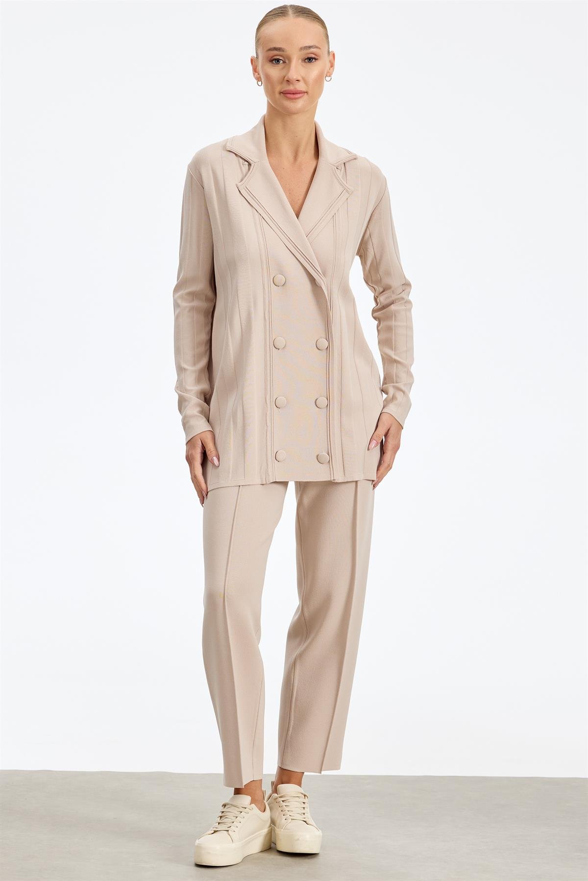 Kruvaze Düğmeli Rayon Takım BEJ