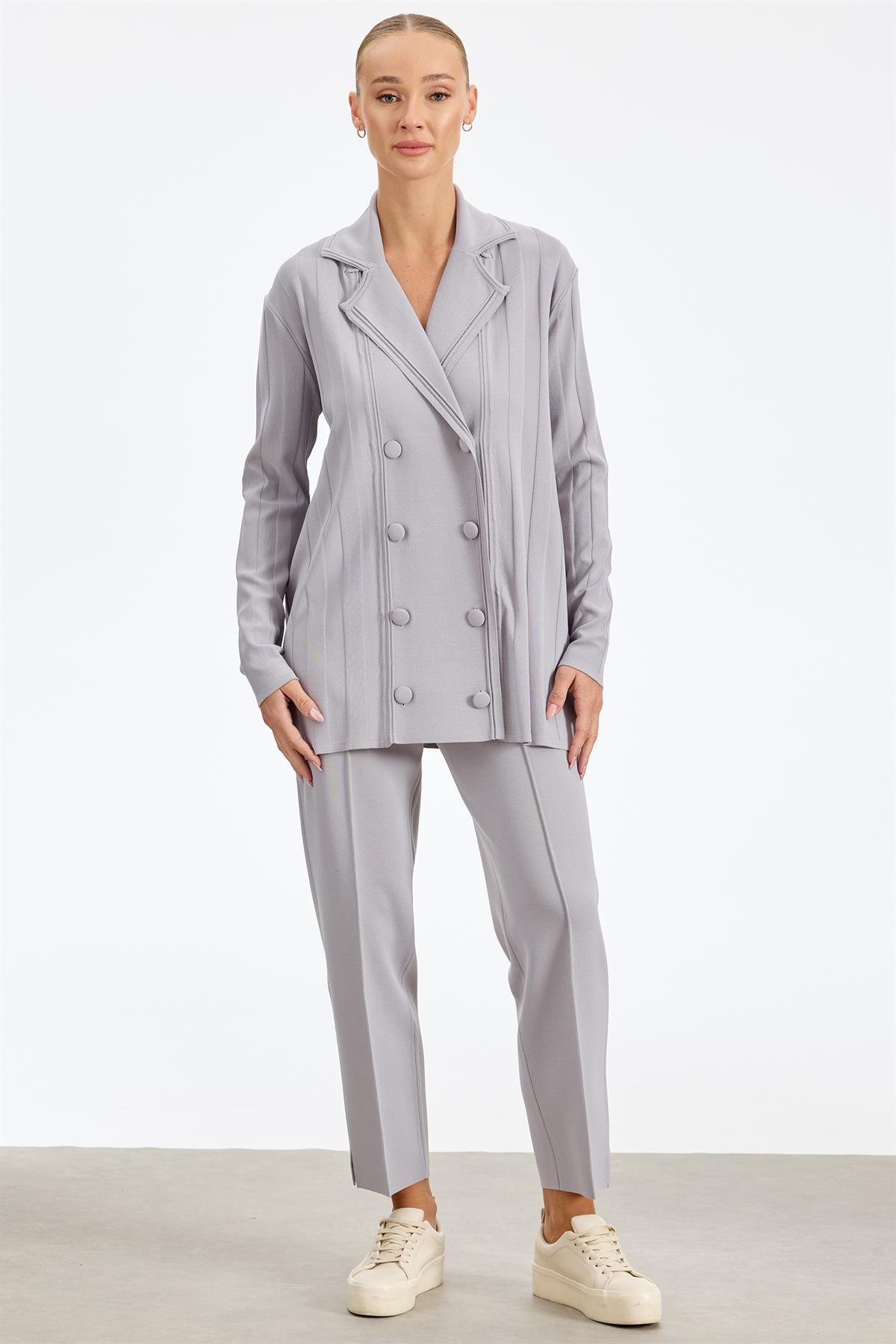 Kruvaze Düğmeli Rayon Takım GRİ