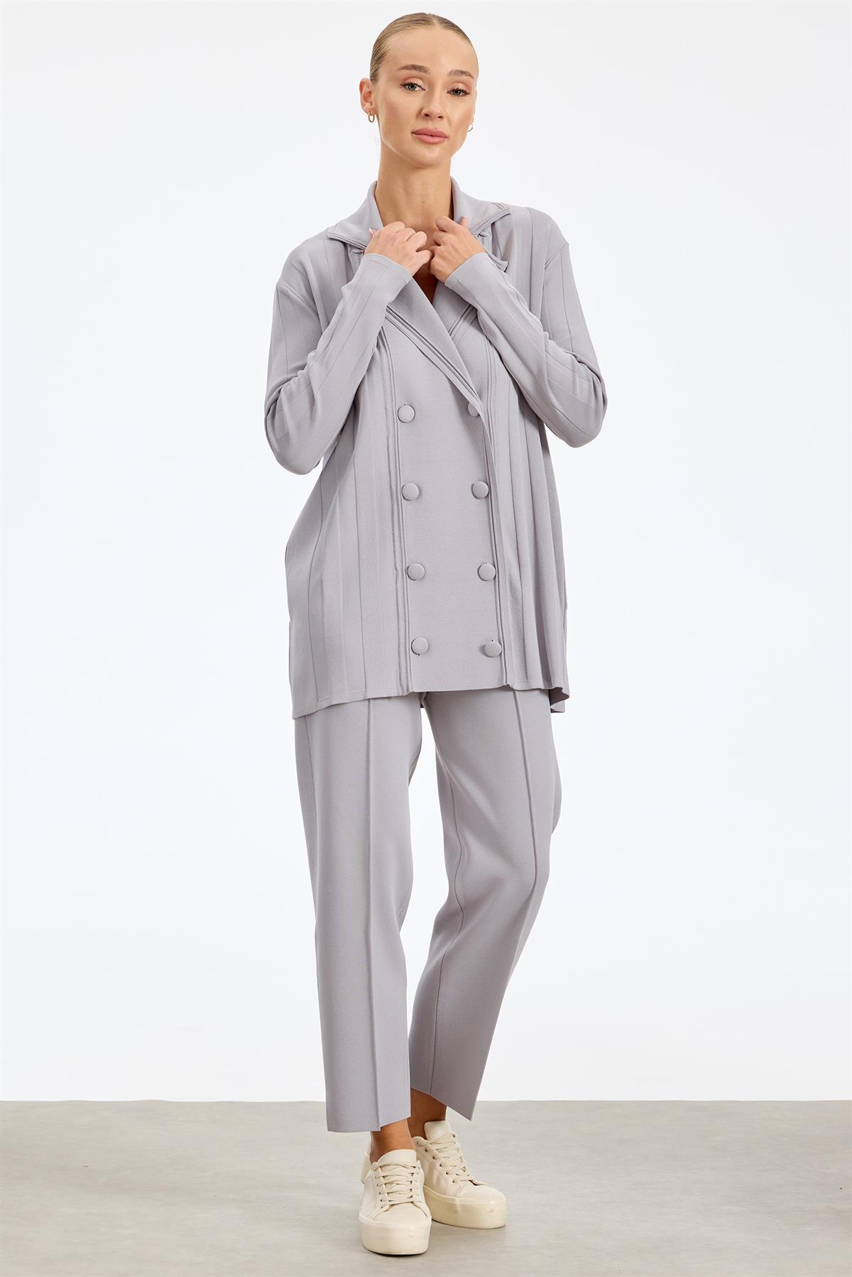 Kruvaze Düğmeli Rayon Takım GRİ