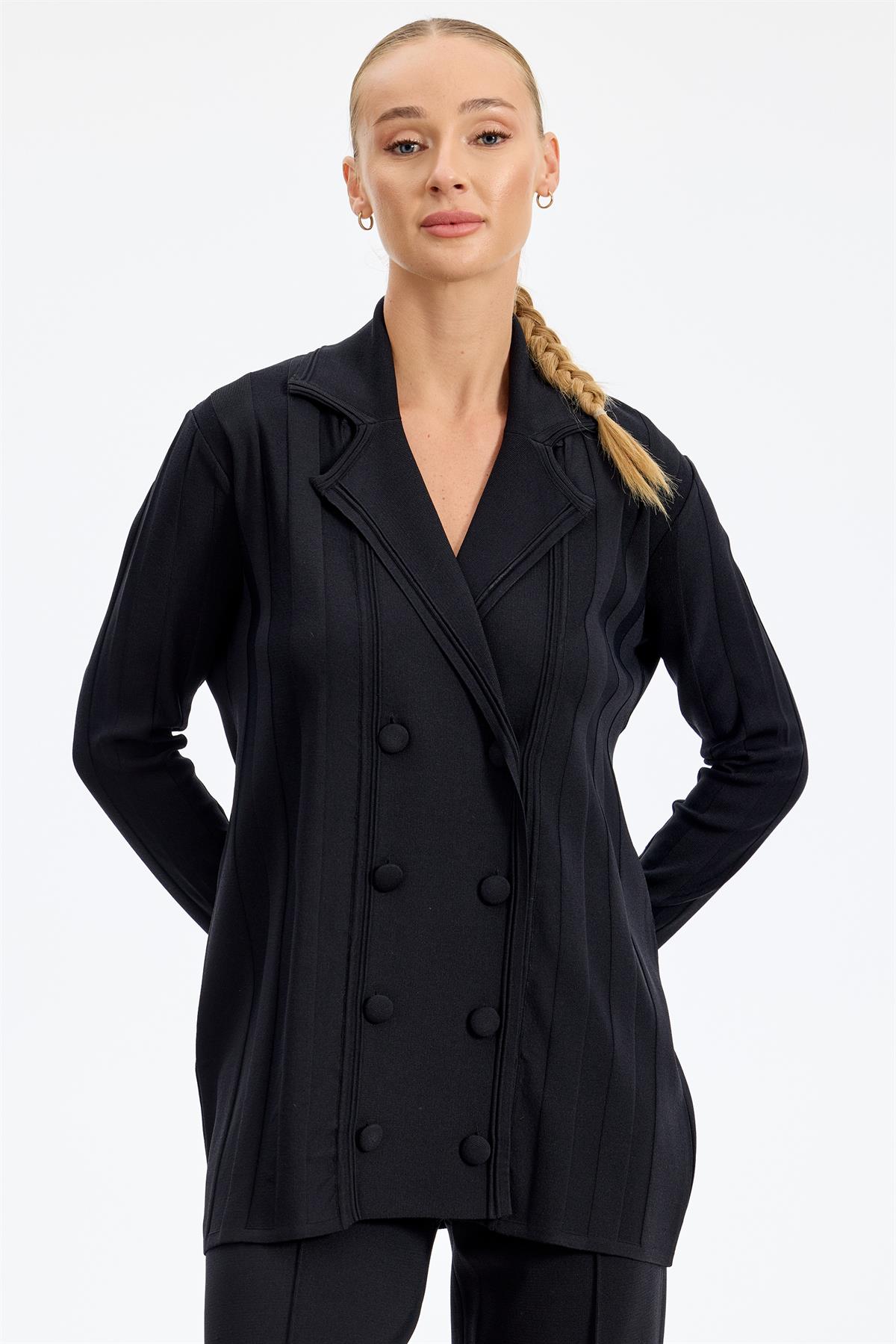 Kruvaze Düğmeli Rayon Takım SİYAH