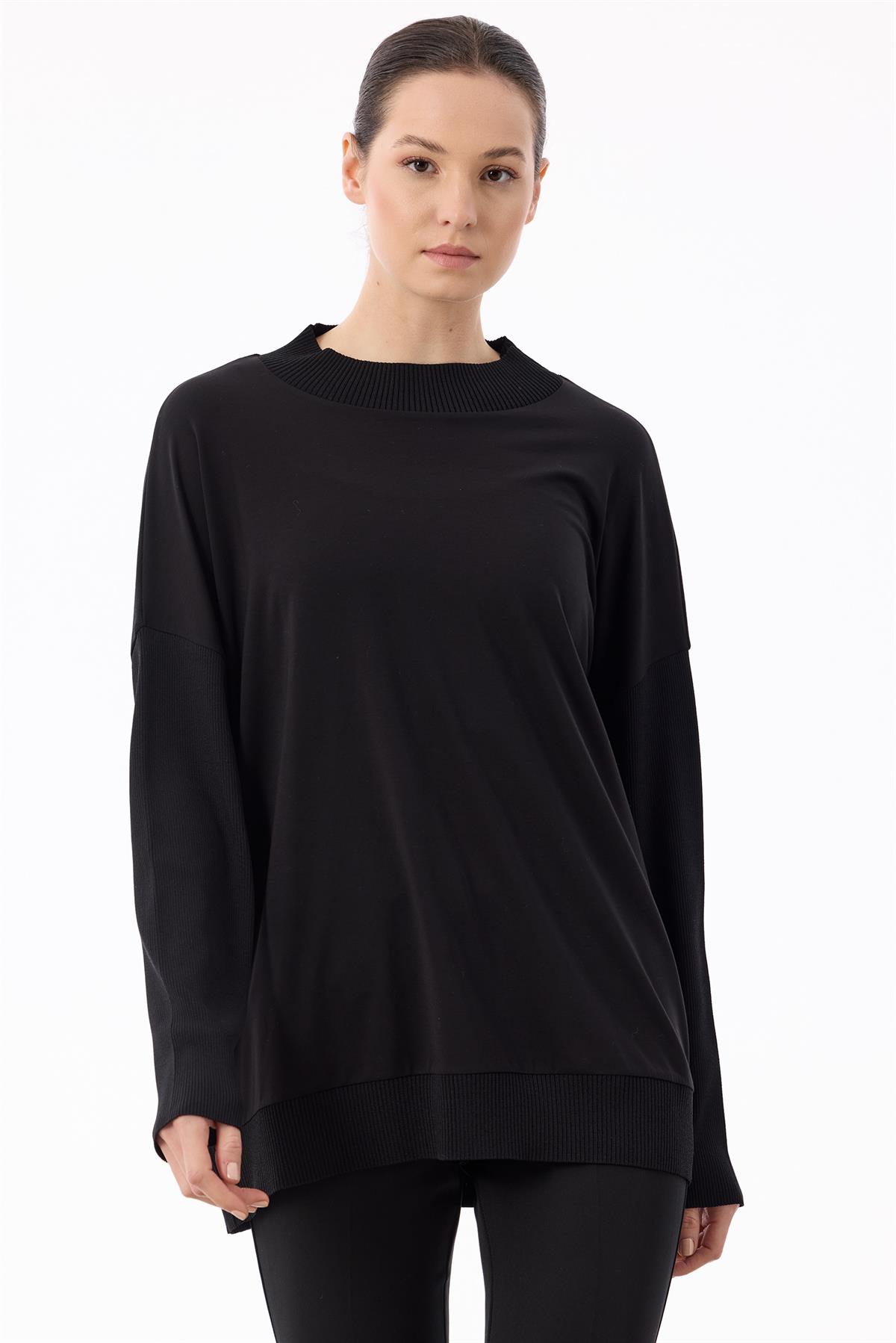 Kumaş Garnili Rayon Bluz SİYAH