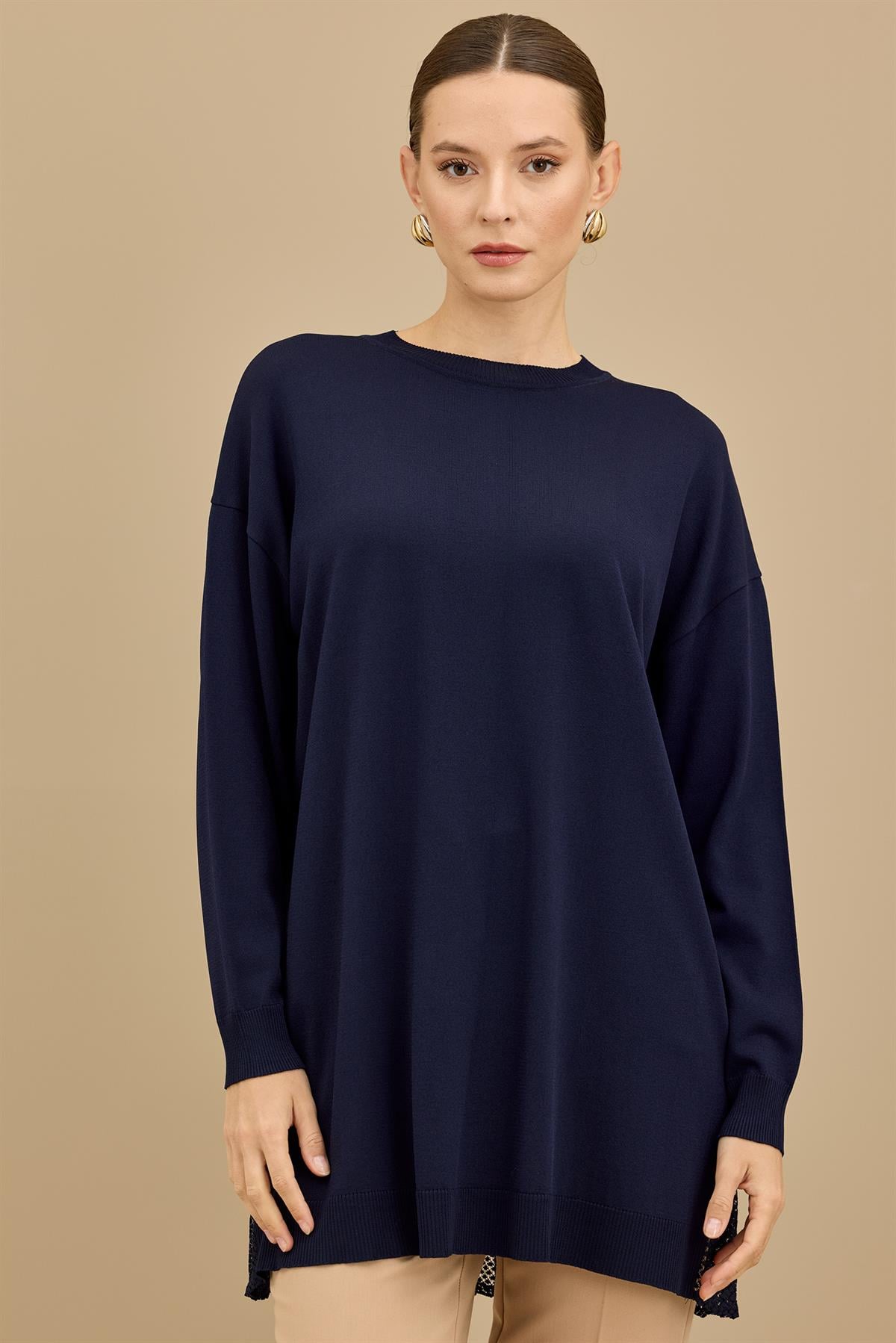 Kumaş Garnili Triko Tunik LACİVERT