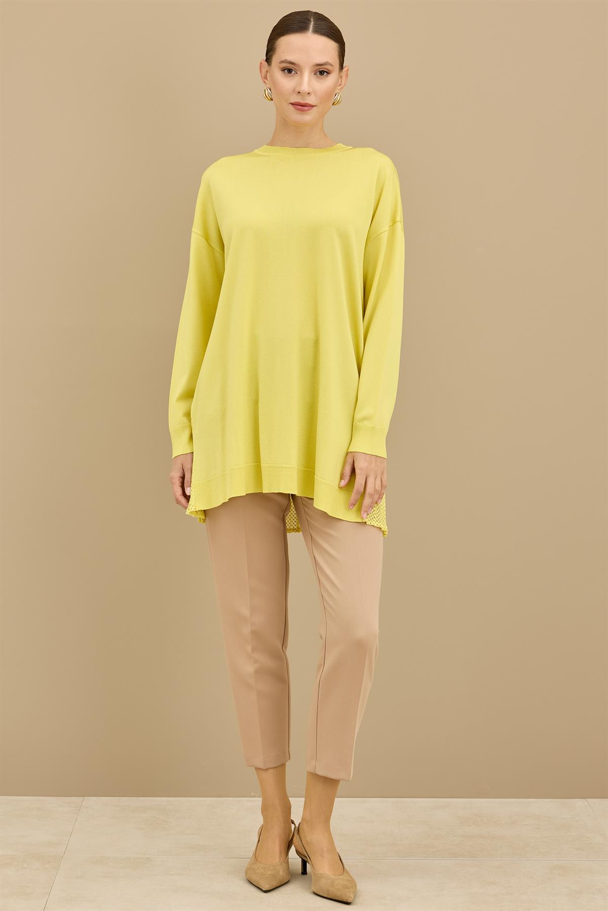 Kumaş Garnili Triko Tunik LİMON