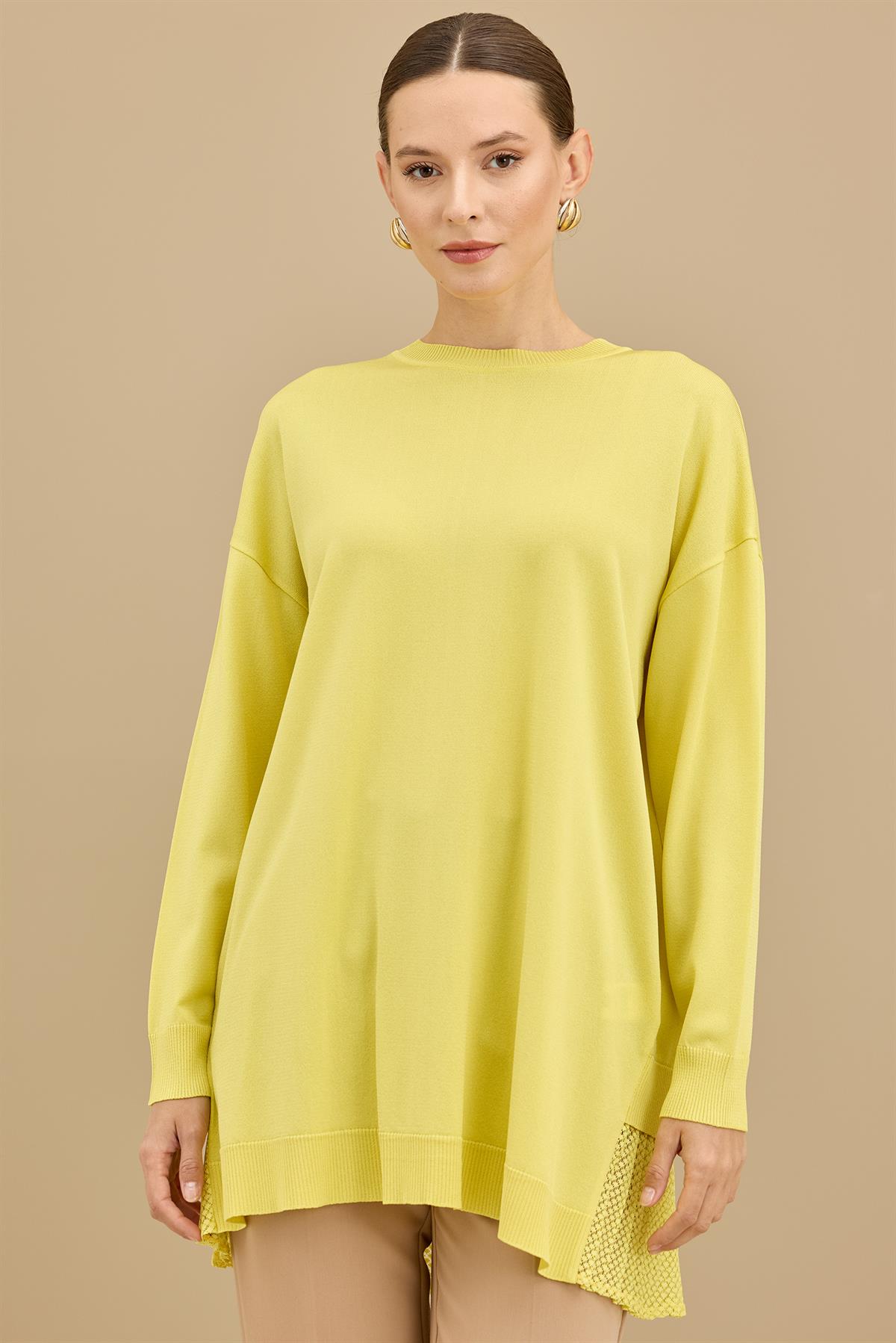 Kumaş Garnili Triko Tunik LİMON