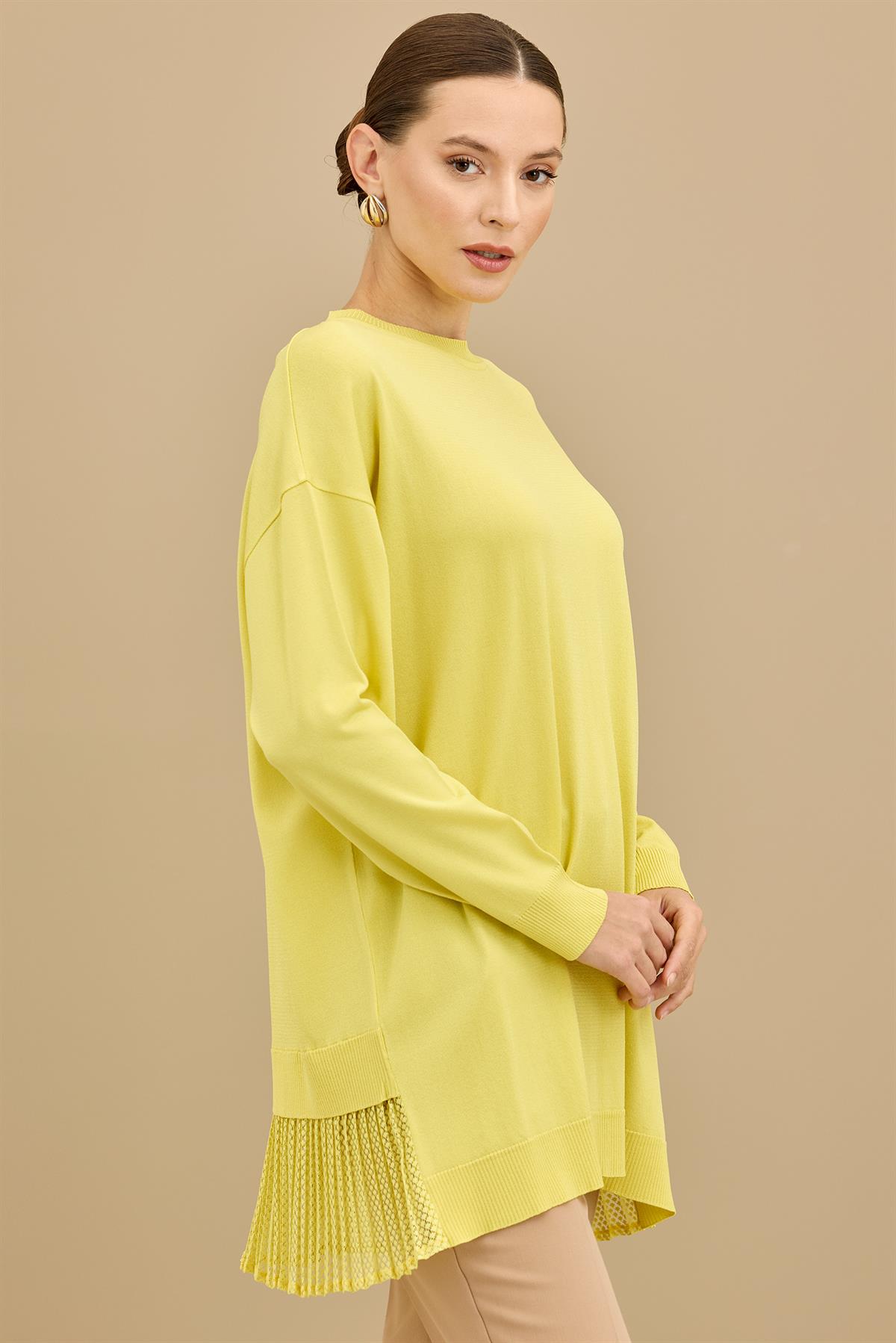 Kumaş Garnili Triko Tunik LİMON