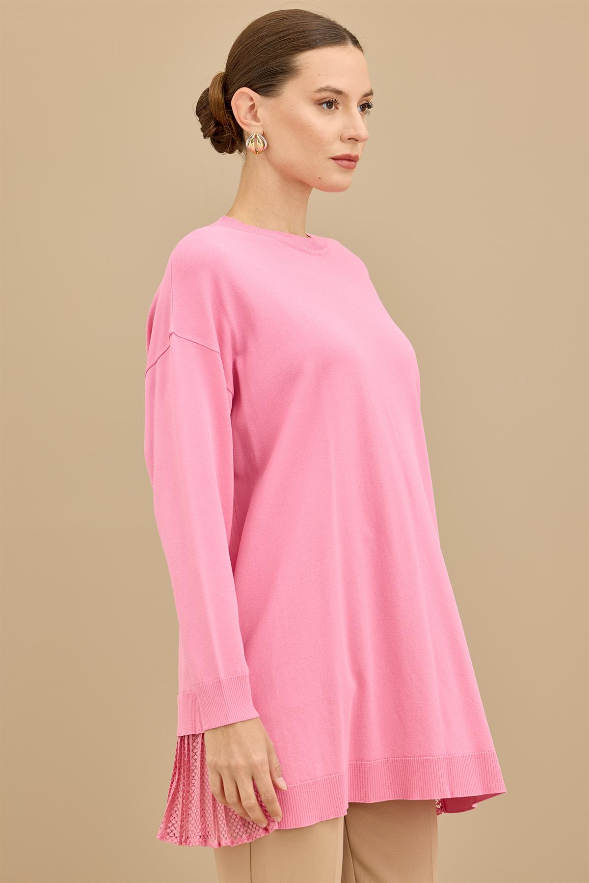 Kumaş Garnili Triko Tunik PEMBE