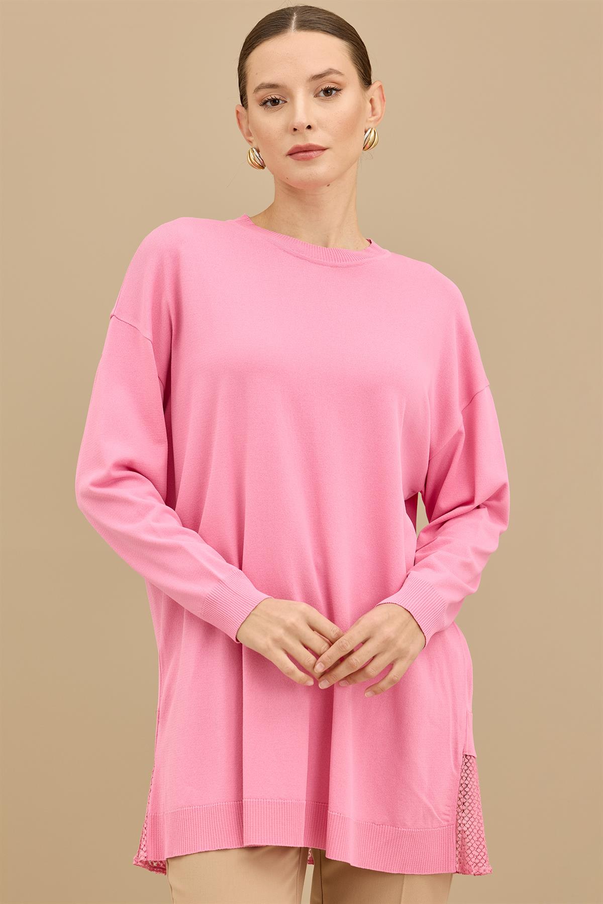 Kumaş Garnili Triko Tunik PEMBE