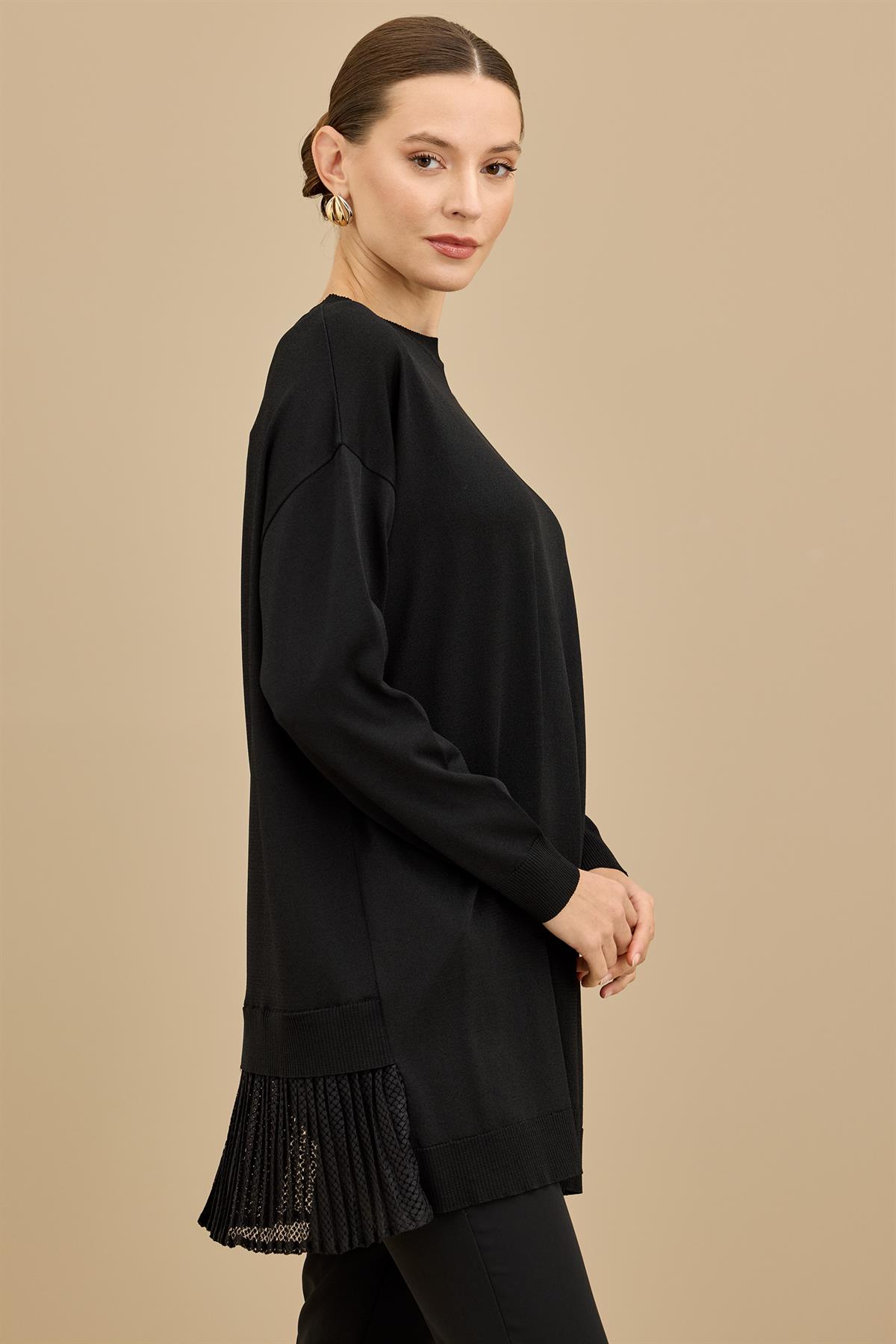 Kumaş Garnili Triko Tunik SİYAH