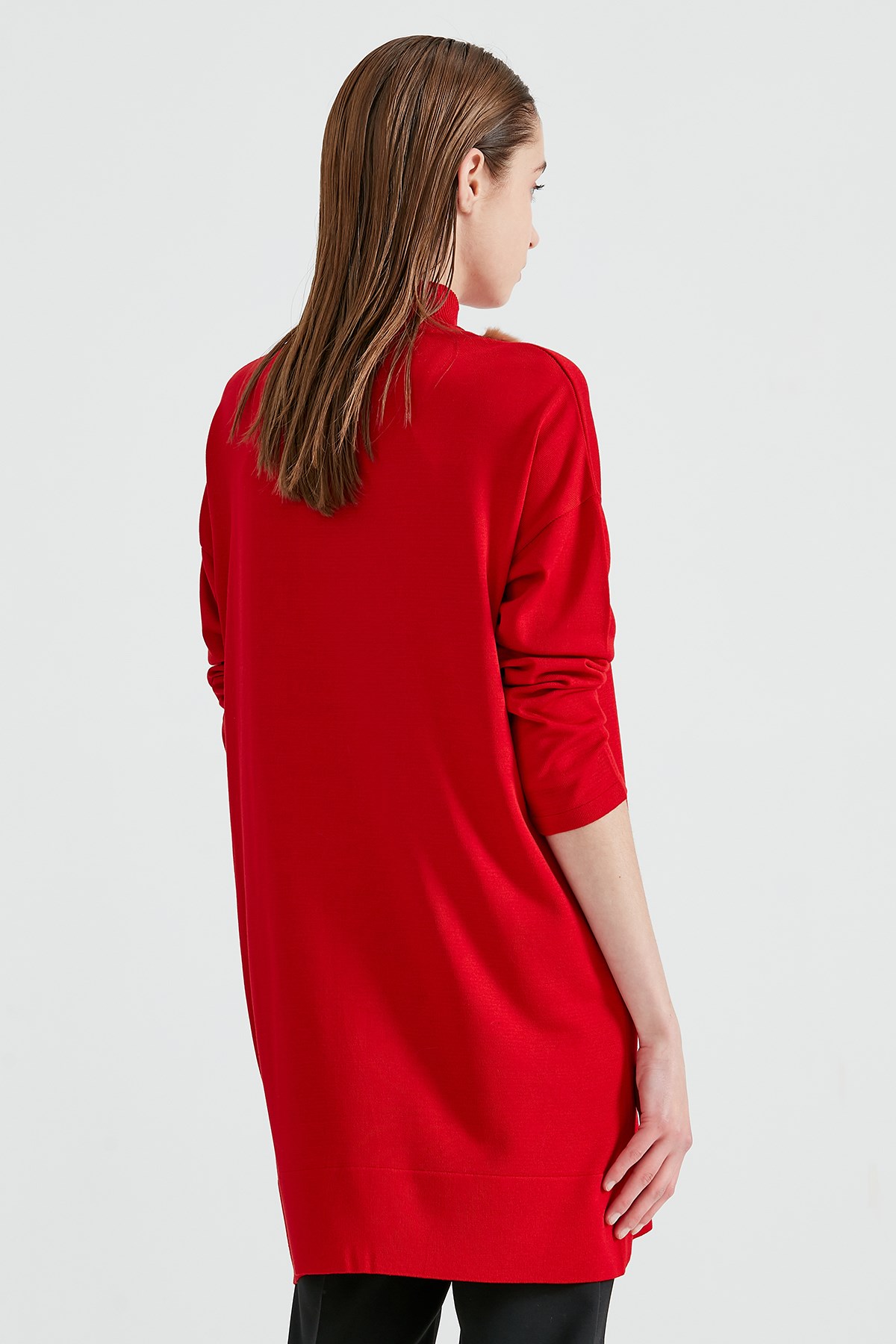 KÜRK DETAYLI TRİKO TUNİK KIRMIZI