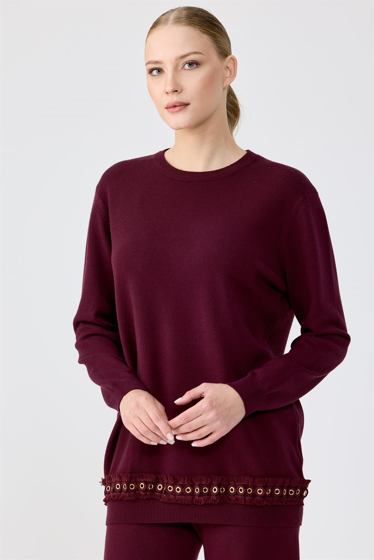 Kuş Gözü Aksesuarlı Pantolonlu Triko Takım BORDO