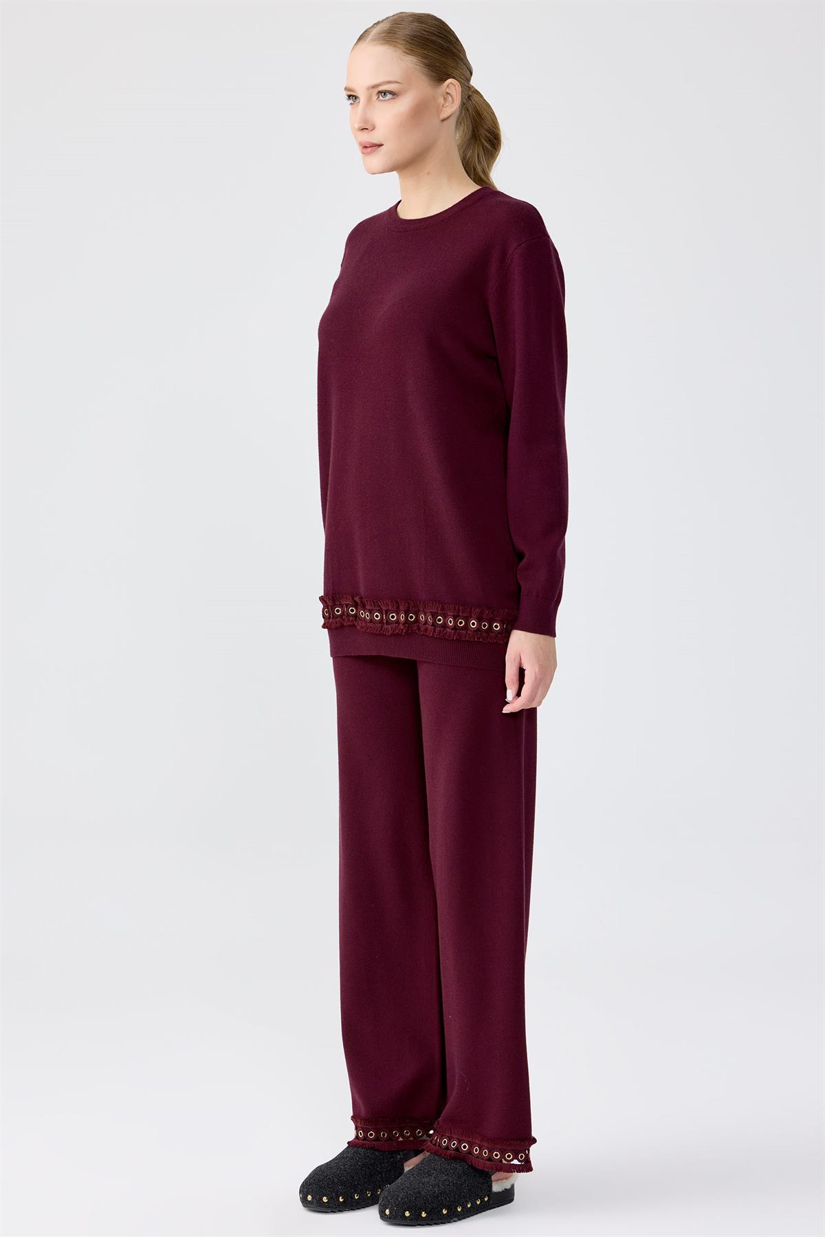 Kuş Gözü Aksesuarlı Pantolonlu Triko Takım BORDO