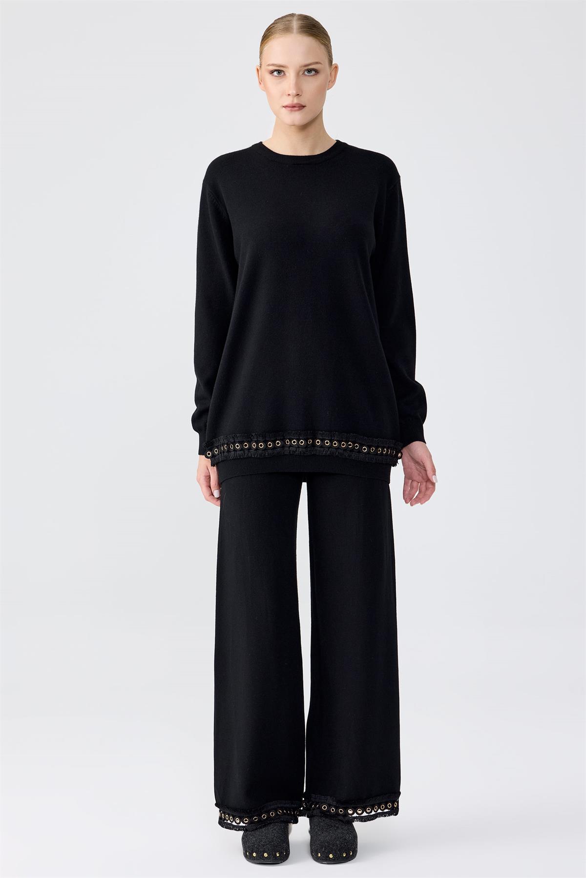 Kuş Gözü Aksesuarlı Pantolonlu Triko Takım SİYAH