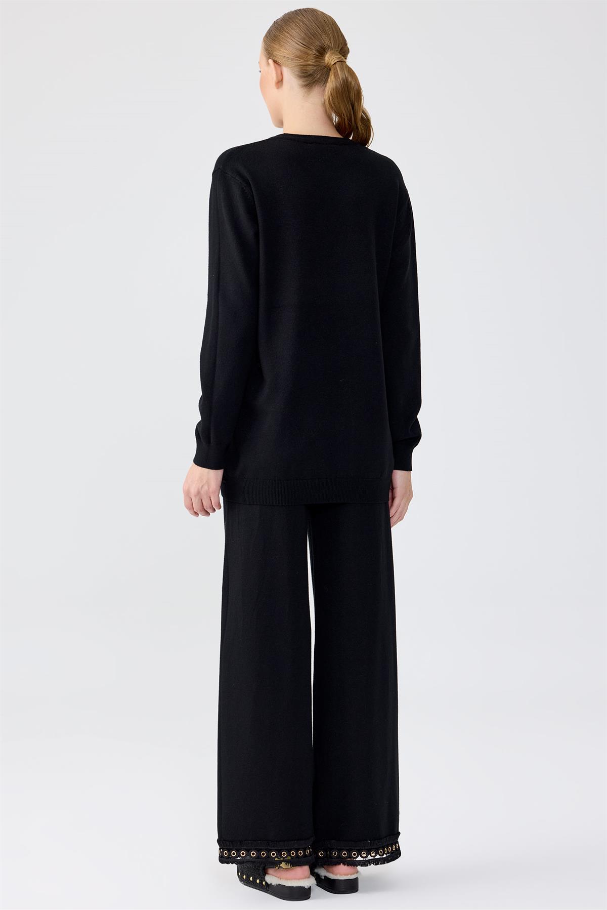 Kuş Gözü Aksesuarlı Pantolonlu Triko Takım SİYAH