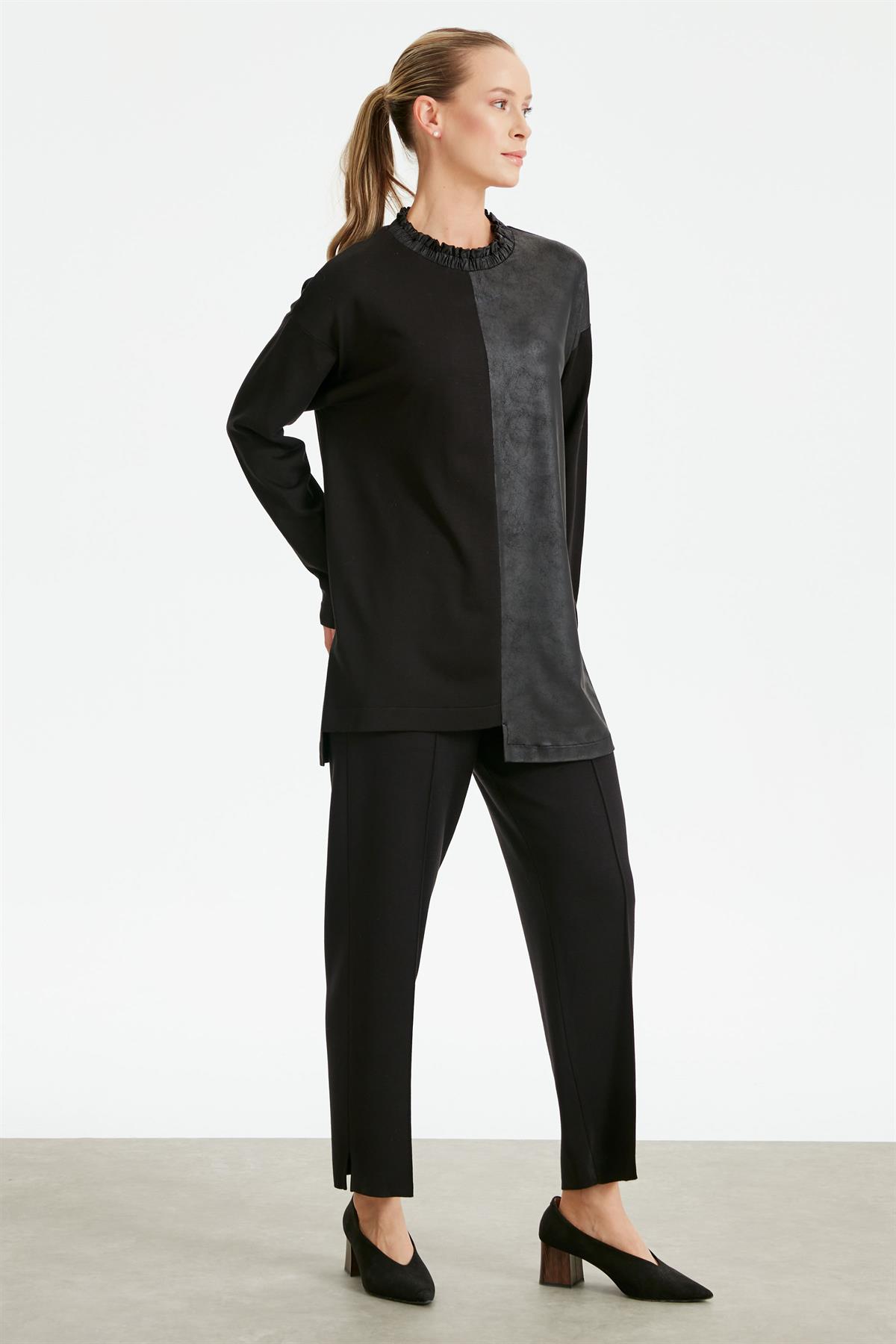 Laklı Deri Kombinli Takım SİYAH