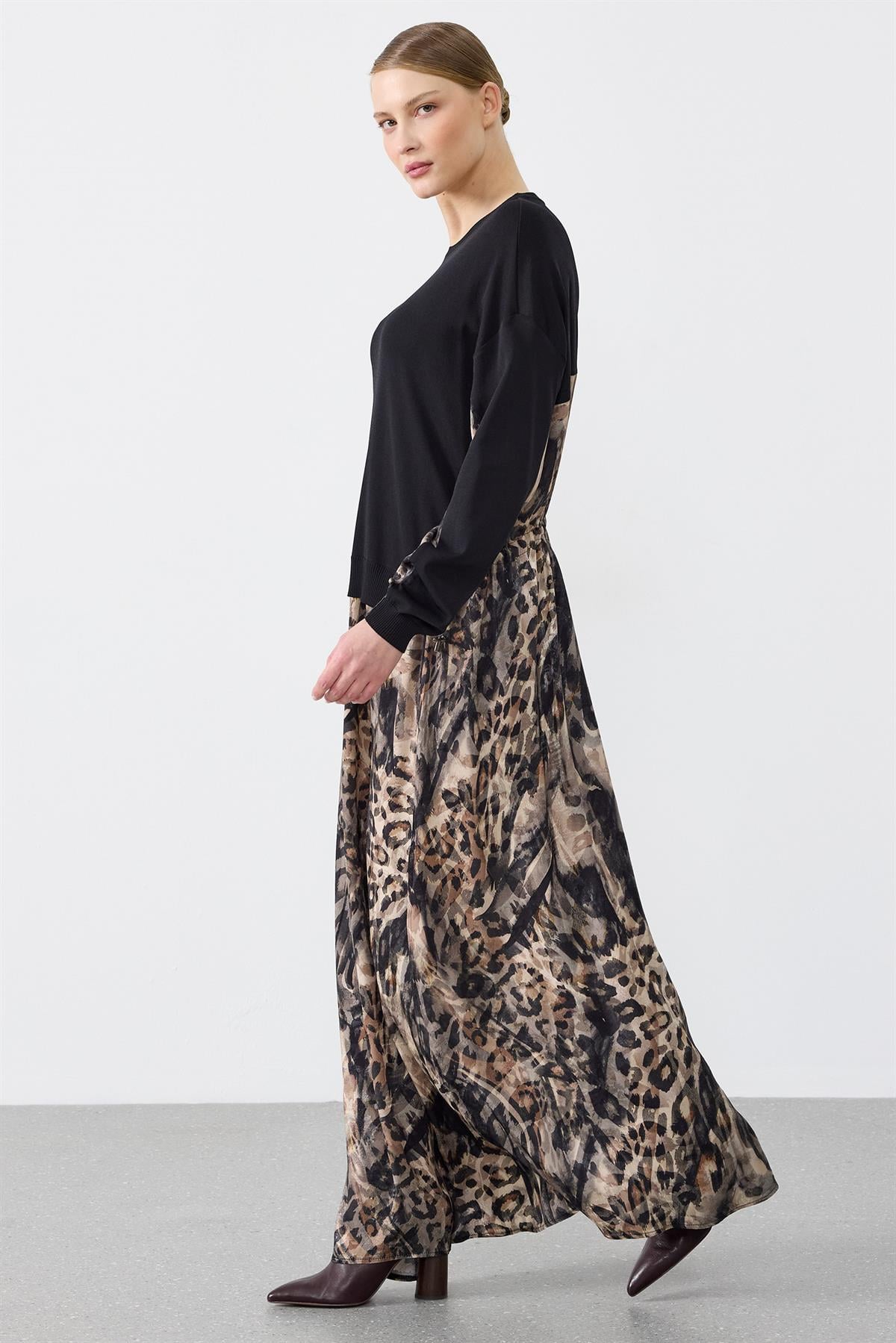 Leopar Desenli Mix Elbise SİYAH